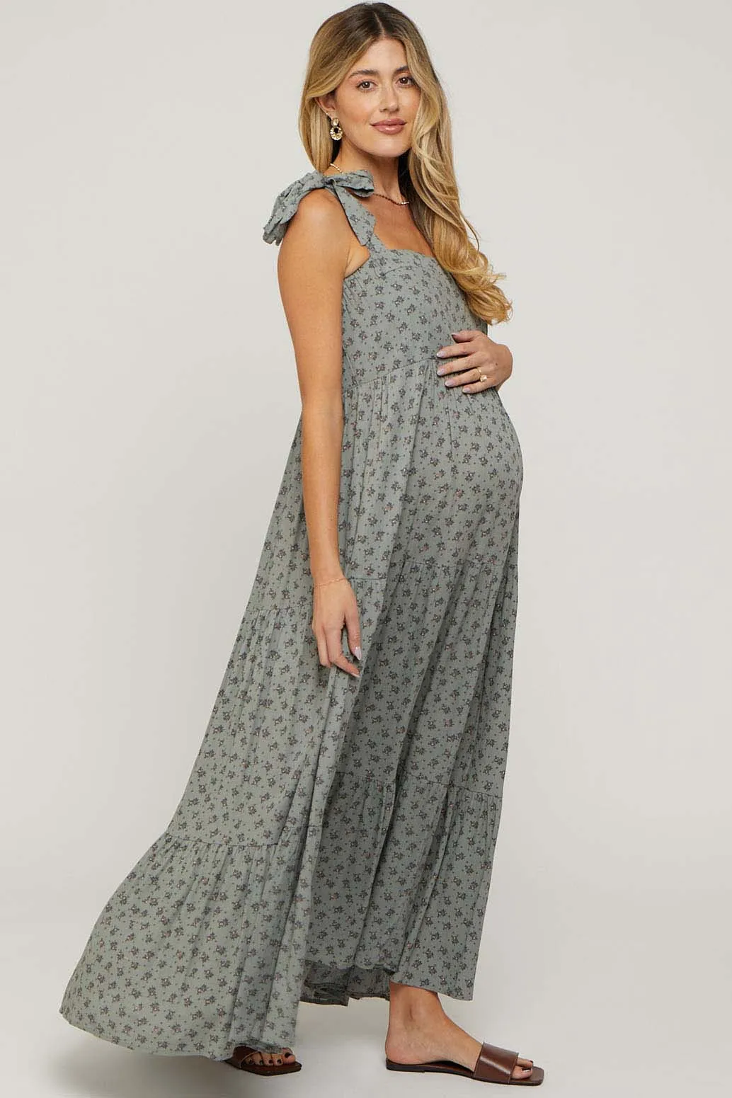 Sage Floral Shoulder Tie Maternity Maxi Dress sold by Pinkblush product image thumbnail 2