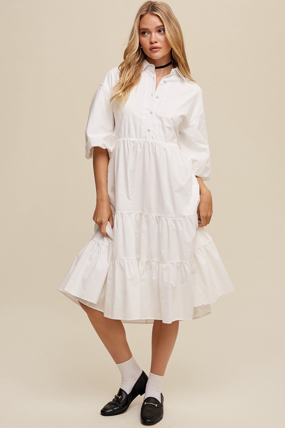 White Button Front Tiered Babydoll Poplin Midi Dress sold by Pinkblush
