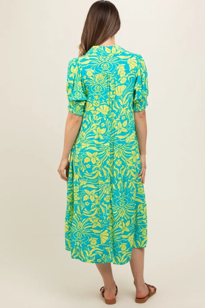 Turquoise Floral V-Neck Tiered Maternity Midi Dress sold by Pinkblush product image thumbnail 3