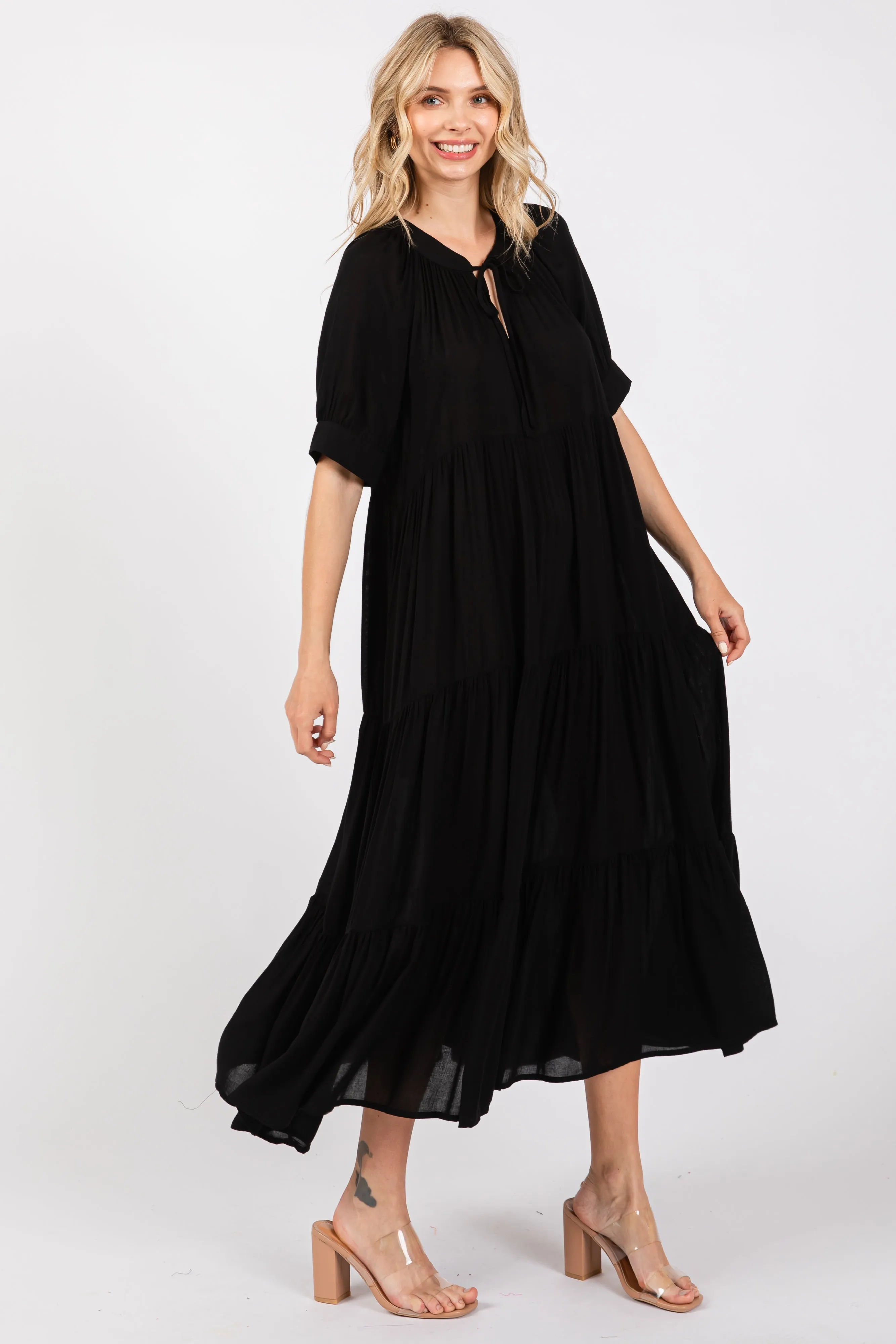 Black Lightweight Flowy Tiered Maxi Dress sold by Pinkblush product image thumbnail 2