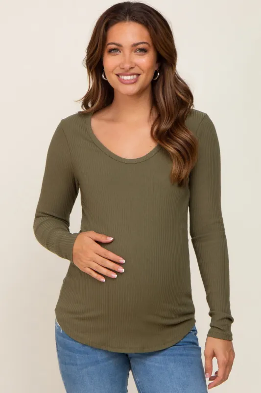 Olive Ribbed Scoop Neck Long Sleeve Maternity Top sold by Pinkblush