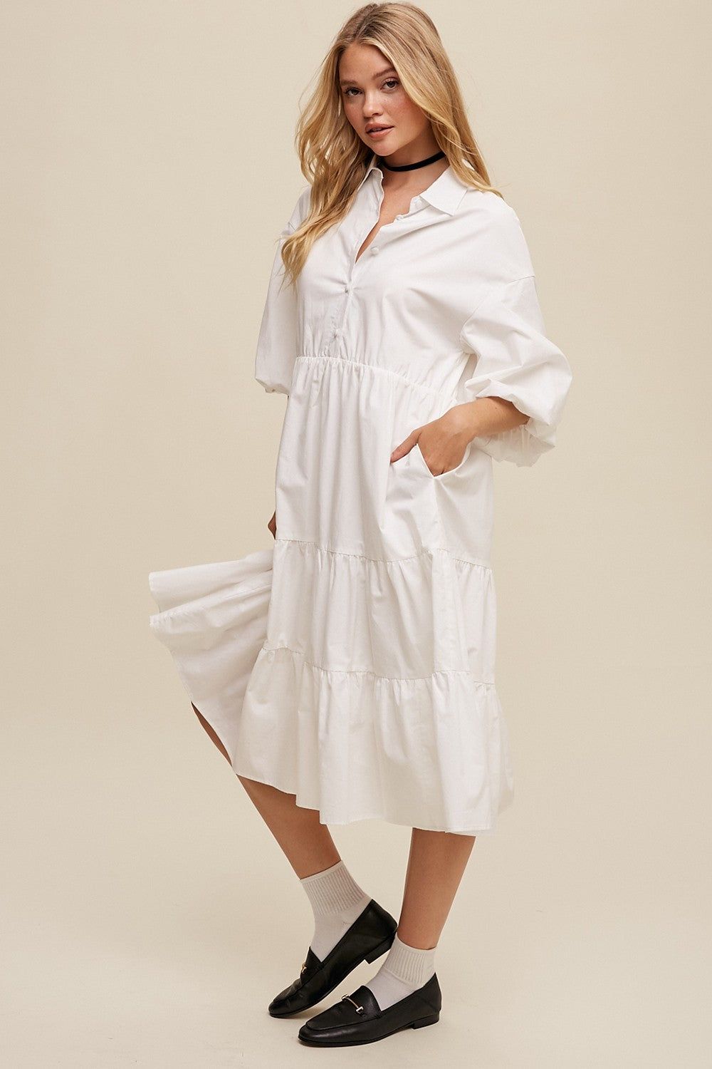 White Button Front Tiered Babydoll Poplin Midi Dress sold by Pinkblush product image thumbnail 2