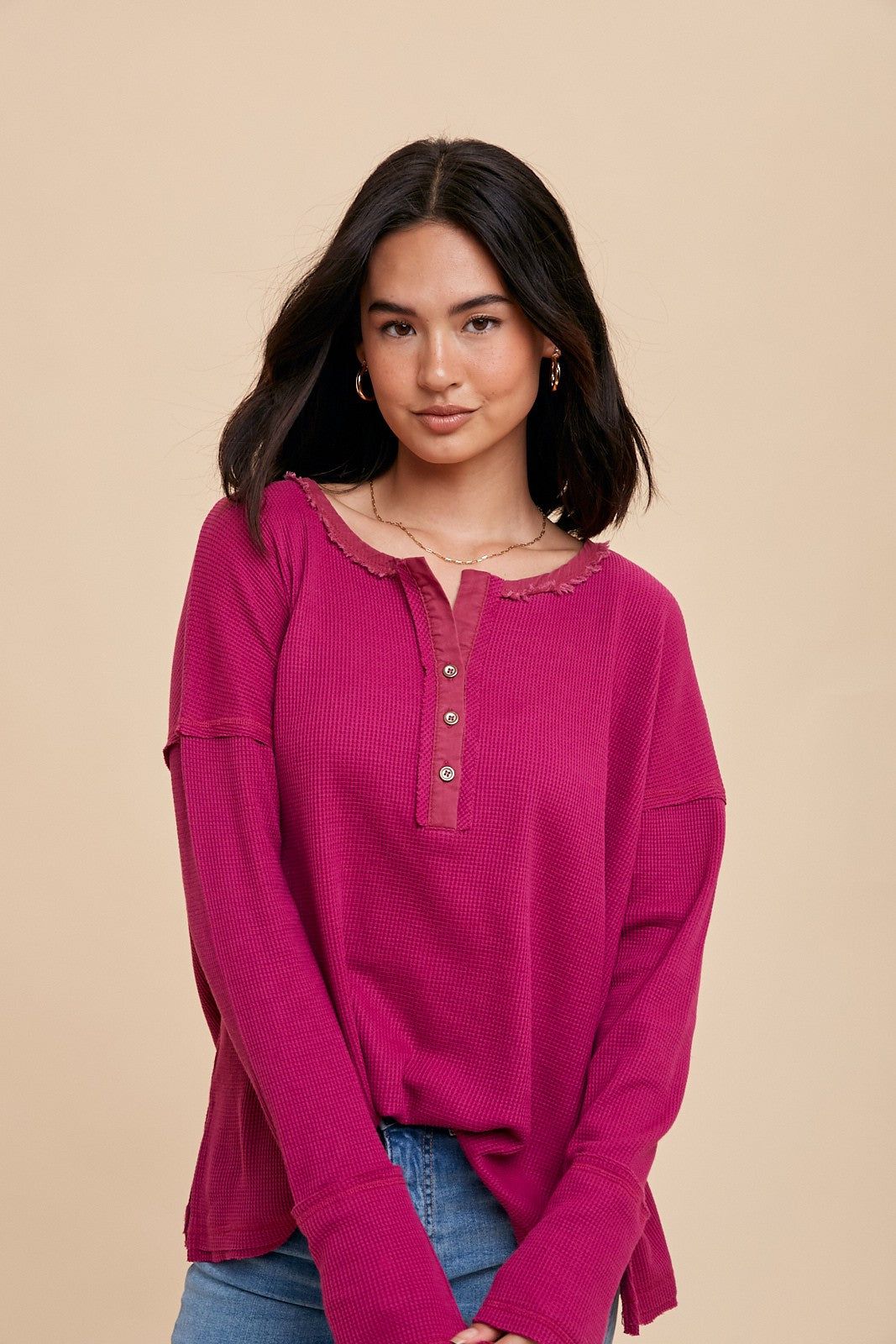 Magenta Waffle Knit Henley Top sold by Pinkblush product image thumbnail 2