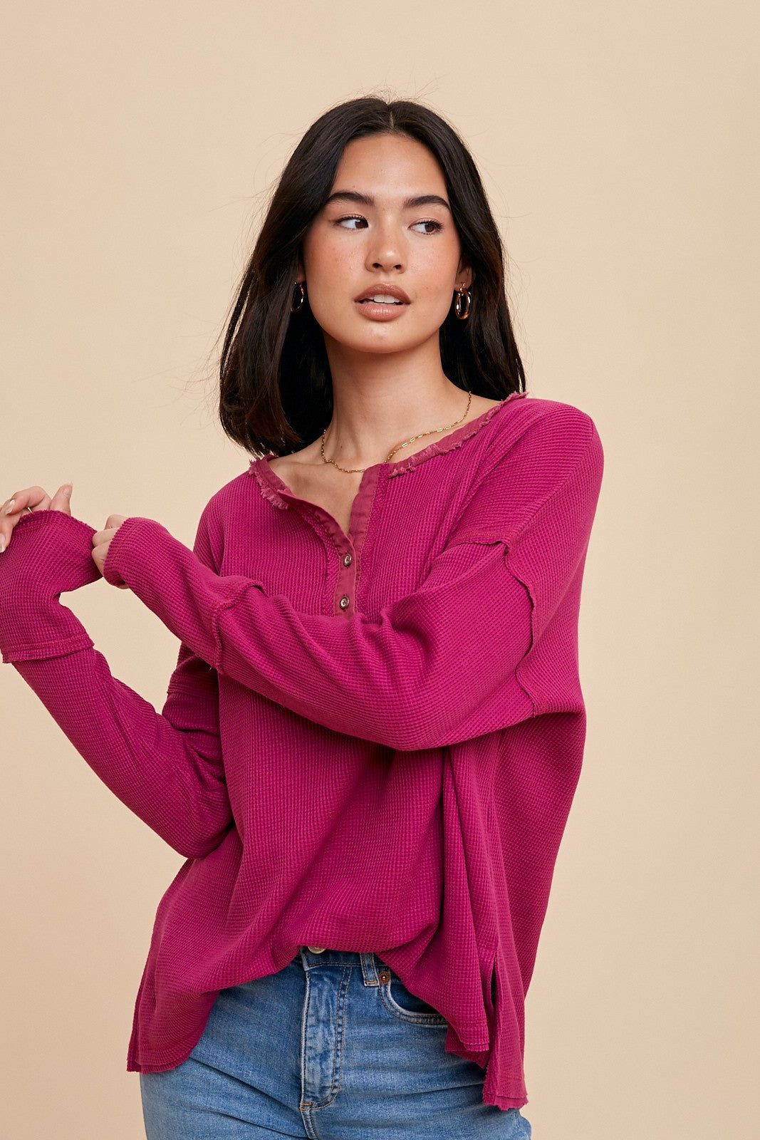 Magenta Waffle Knit Henley Top sold by Pinkblush product image thumbnail 3