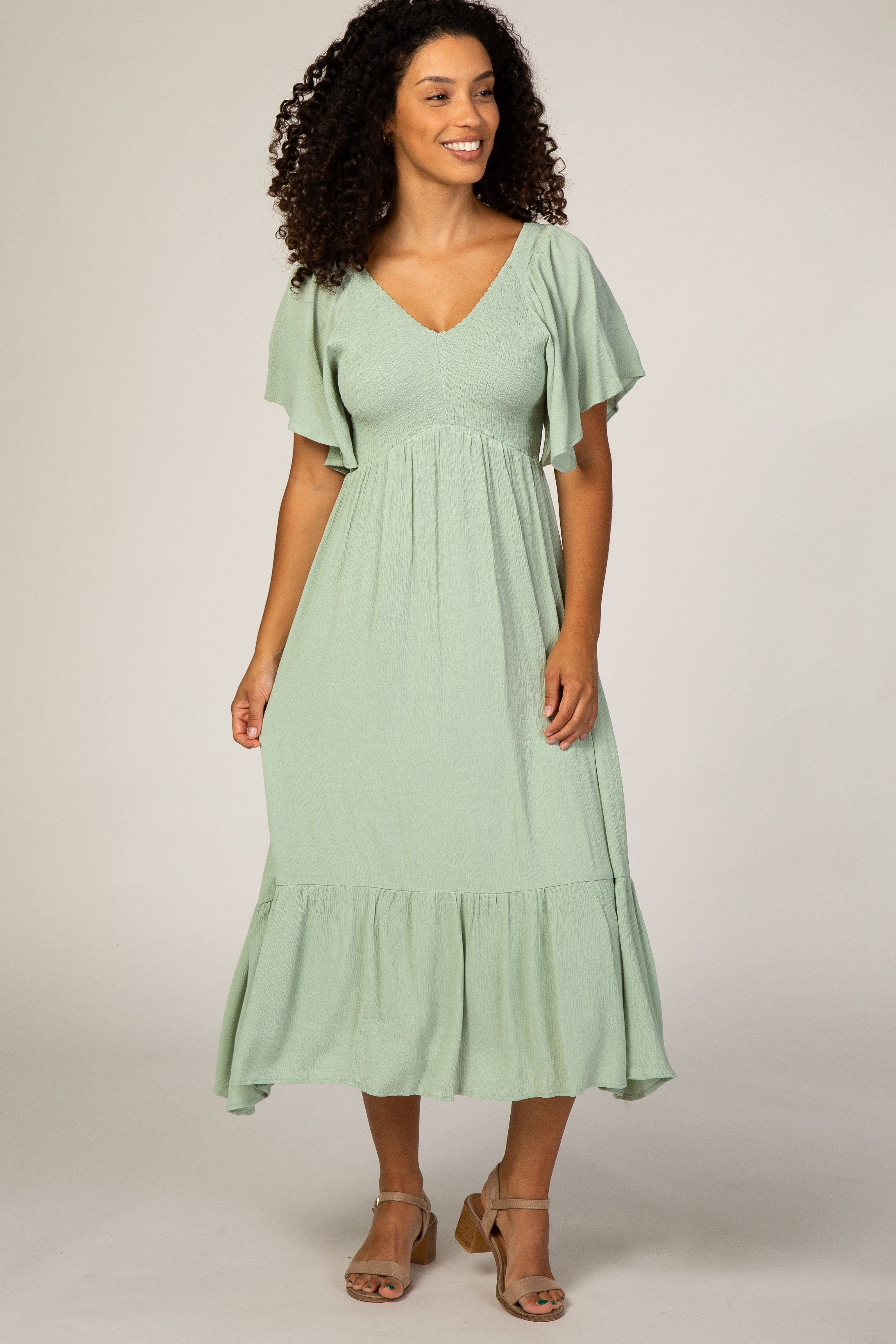 Mint Smocked Ruffle Dress sold by Pinkblush