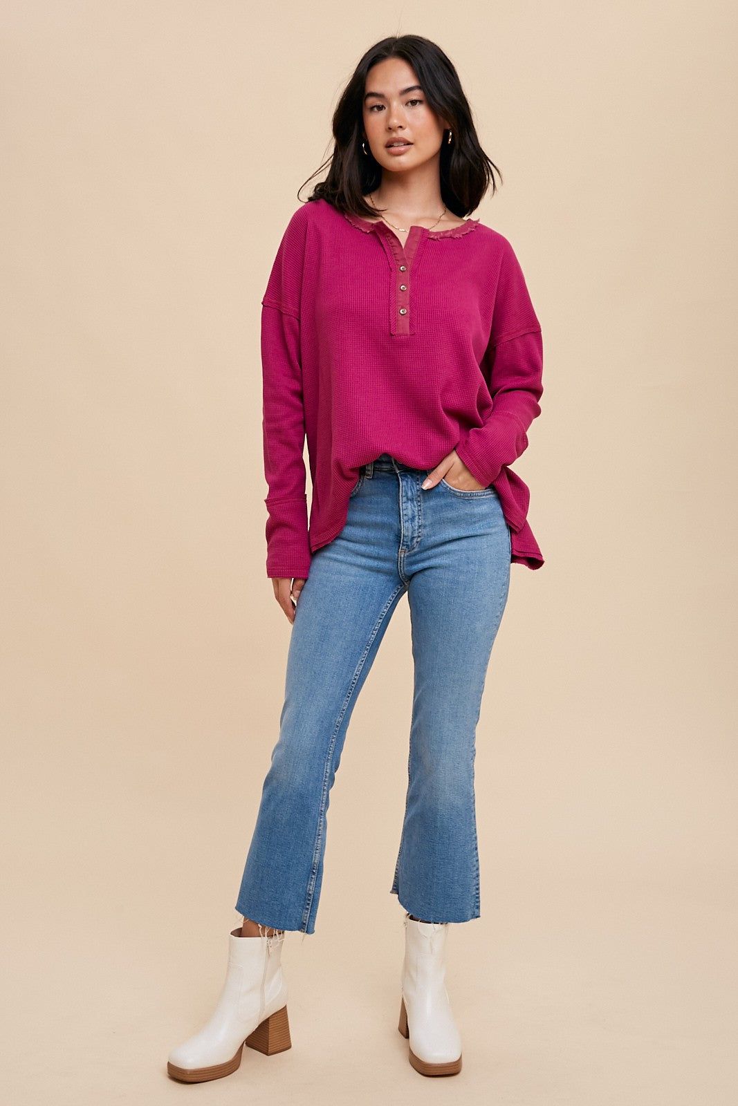 Magenta Waffle Knit Henley Top sold by Pinkblush
