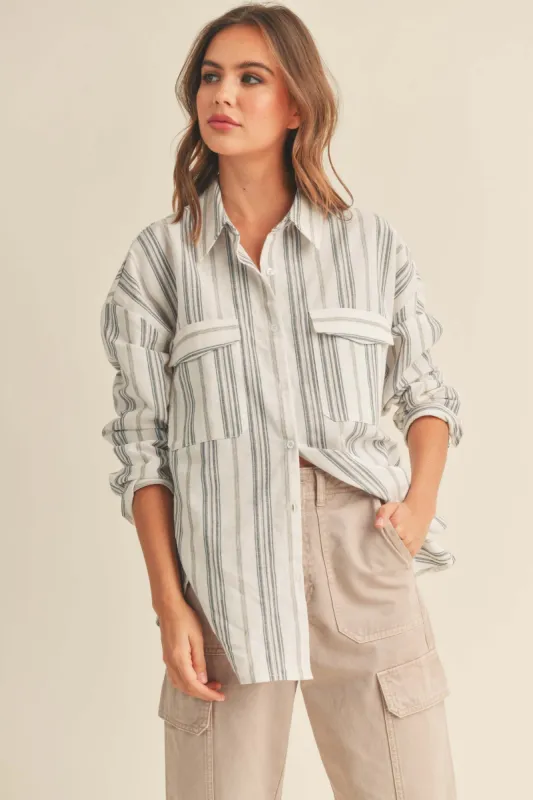 Ivory Striped Front Pocket Button Up Top sold by Pinkblush