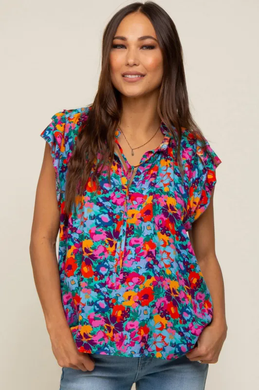 Fuchsia Multi-Color Floral Ruffle Front Tie Maternity Top sold by Pinkblush