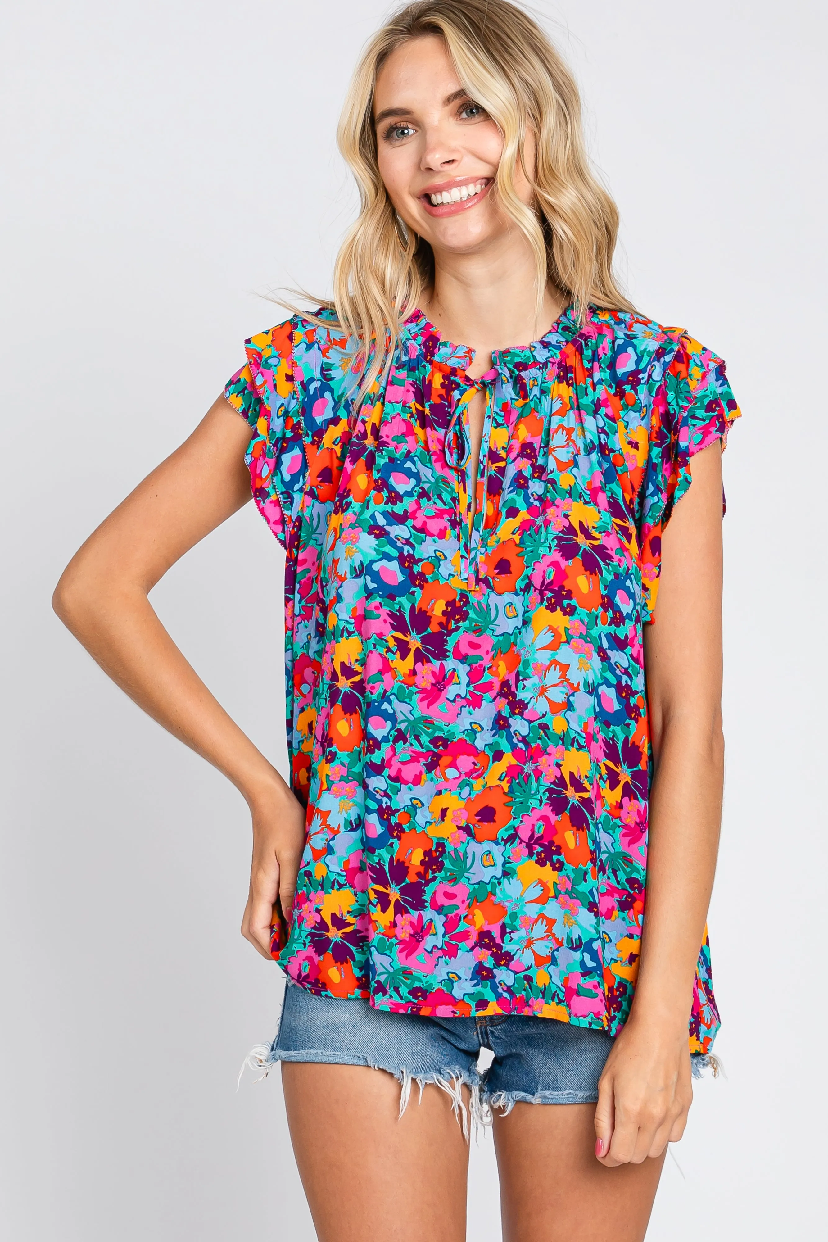 Fuchsia Multi-Color Floral Ruffle Front Tie Maternity Top sold by Pinkblush product image thumbnail 5