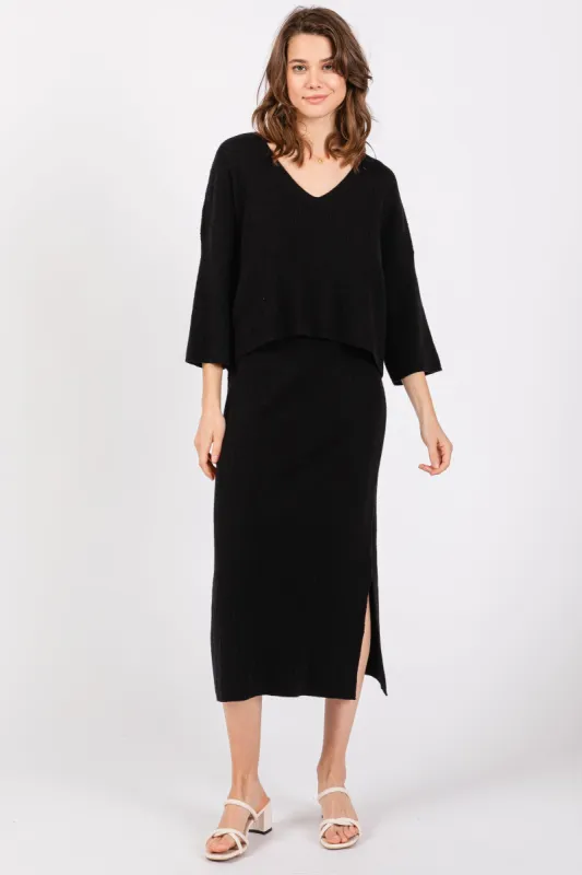 Black V-Neck Knit Skirt Set sold by Pinkblush