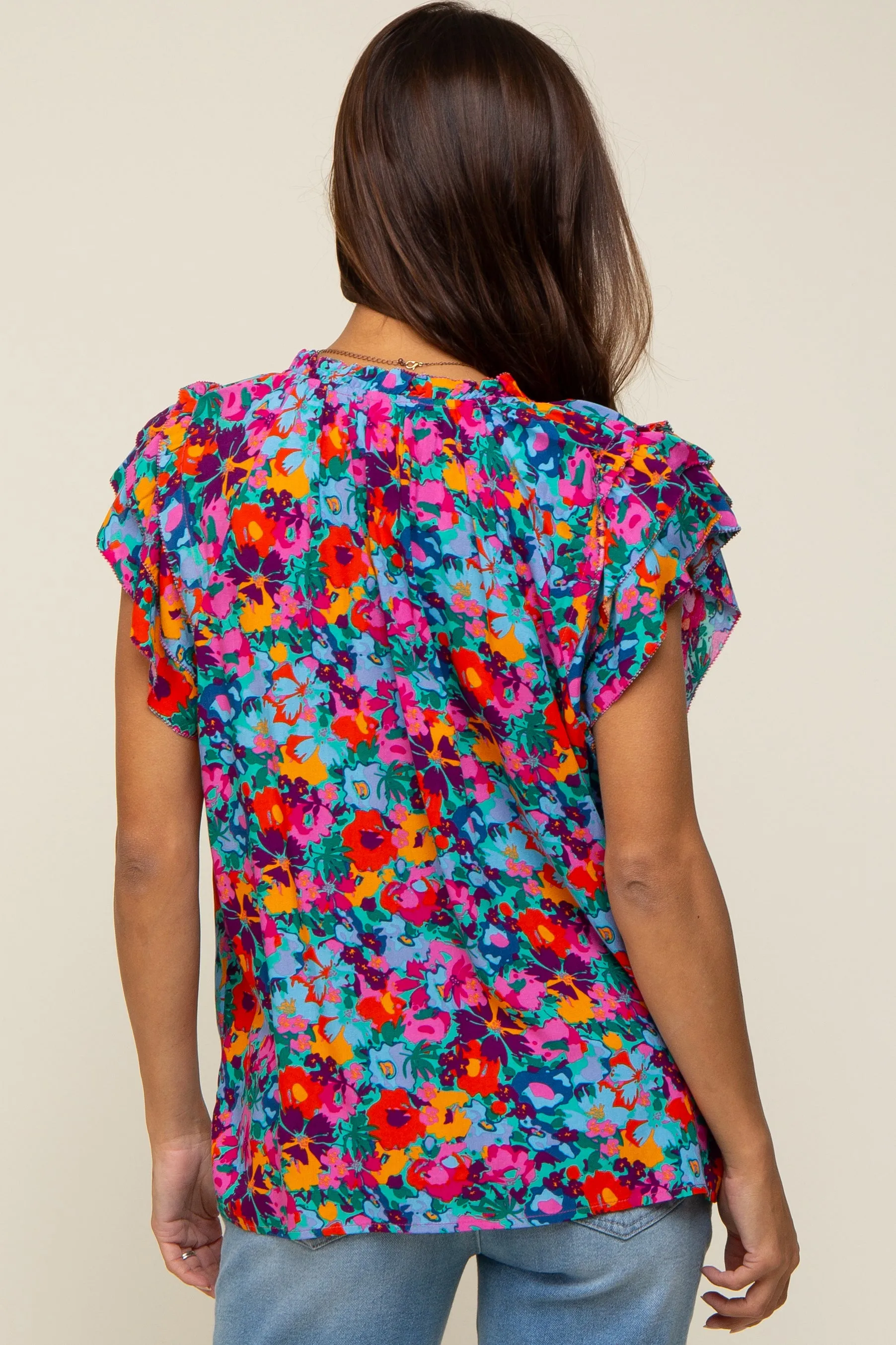 Fuchsia Multi-Color Floral Ruffle Front Tie Maternity Top sold by Pinkblush product image thumbnail 3