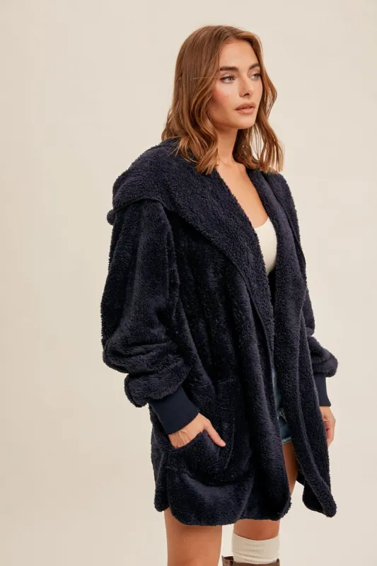 Navy Fuzzy Hooded Long Sleeve Jacket sold by Pinkblush