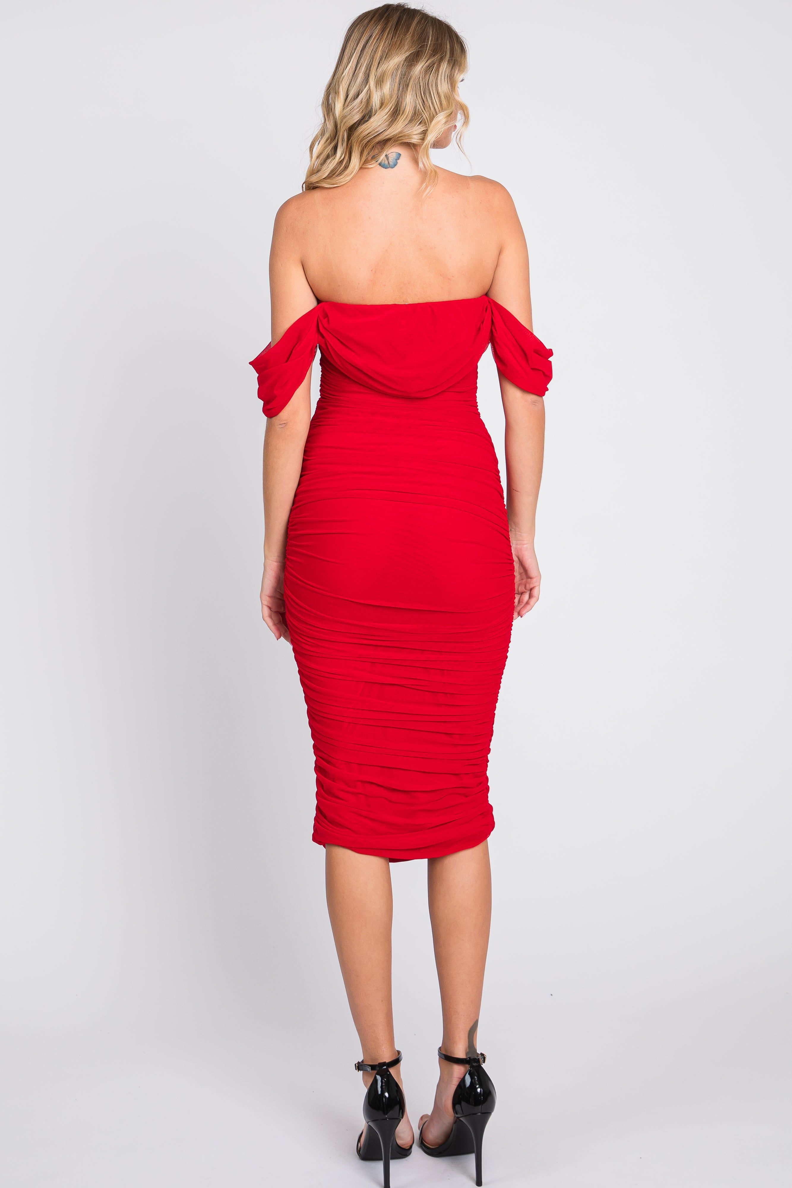 Red Ruched Off Shoulder Dress sold by Pinkblush product image thumbnail 3