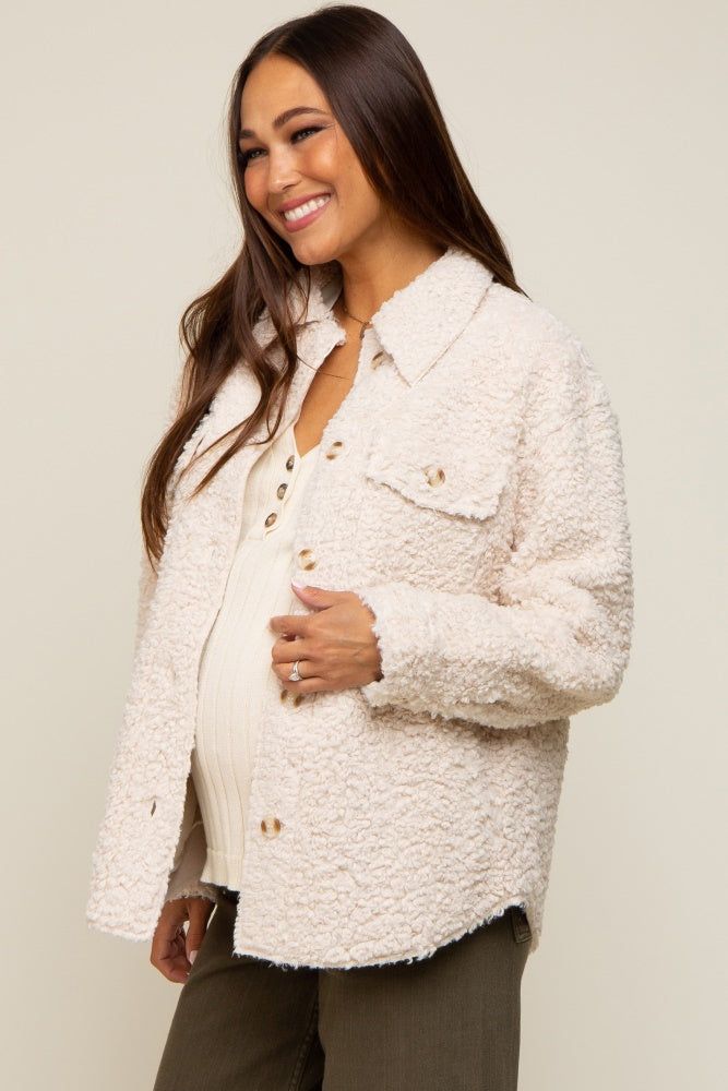 Cream Fuzzy Knit Maternity Shirt Jacket sold by Pinkblush product image thumbnail 2