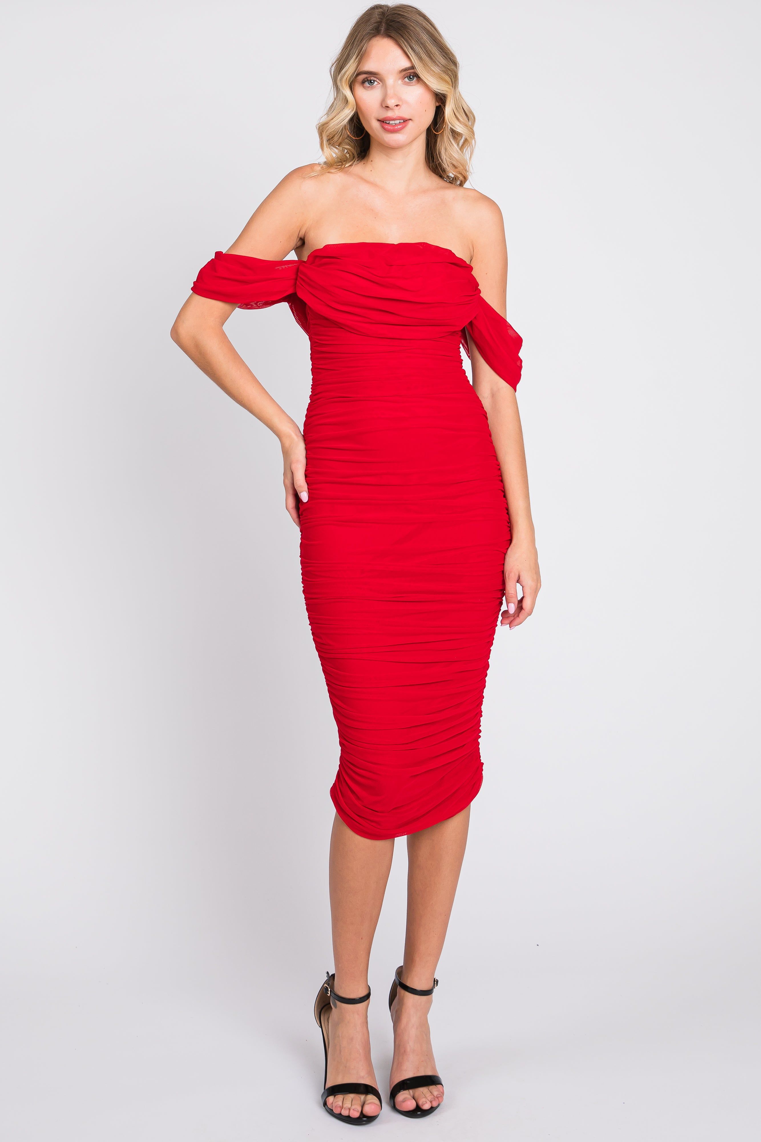Red Ruched Off Shoulder Dress sold by Pinkblush