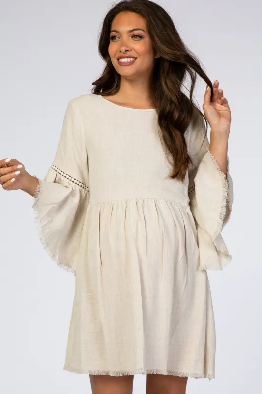 Beige Raw Edge Bell Sleeve Babydoll Maternity Dress sold by Pinkblush