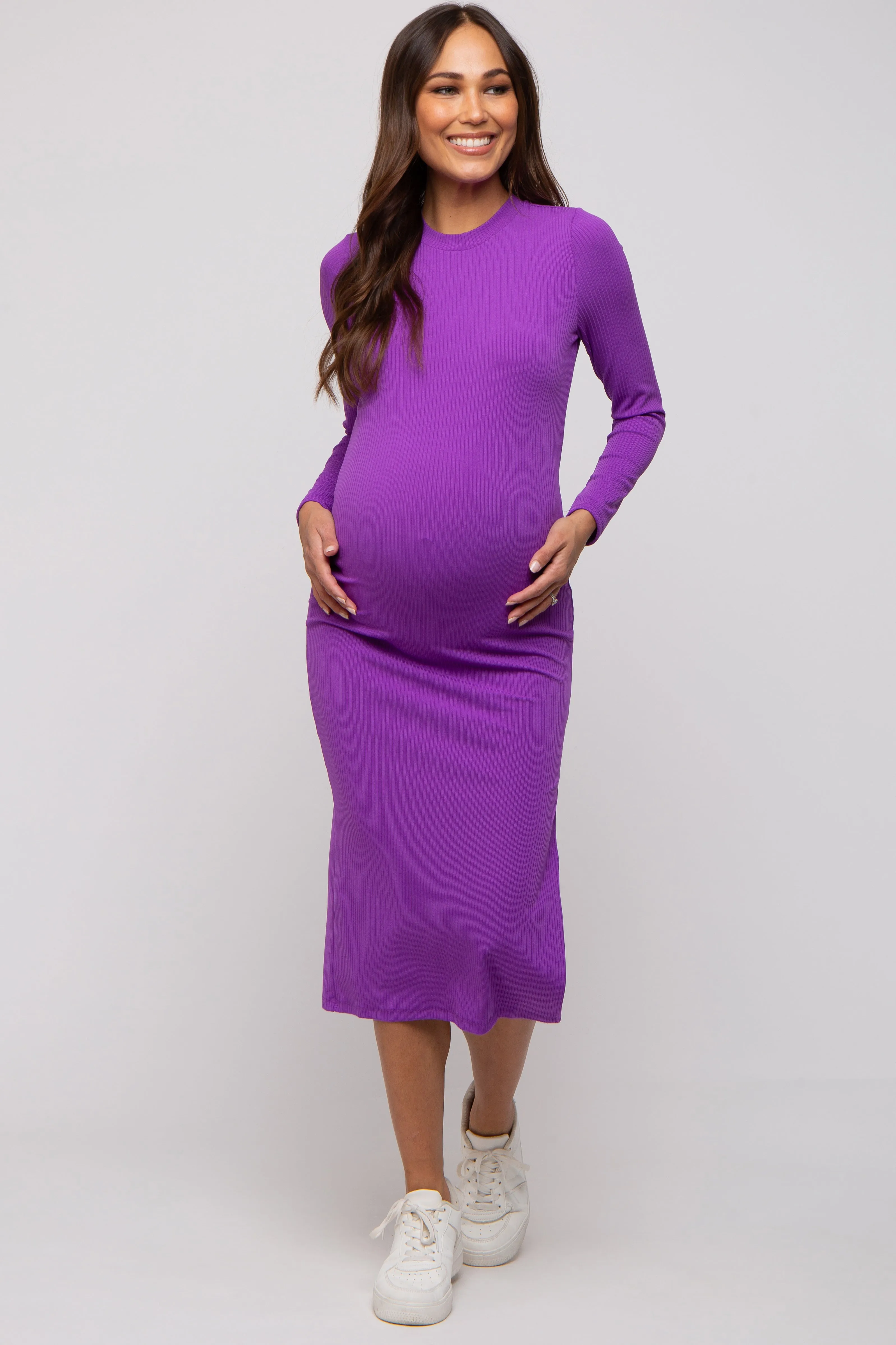 Purple Ribbed Mock Neck Long Sleeve Maternity Midi Dress sold by Pinkblush product image thumbnail 4