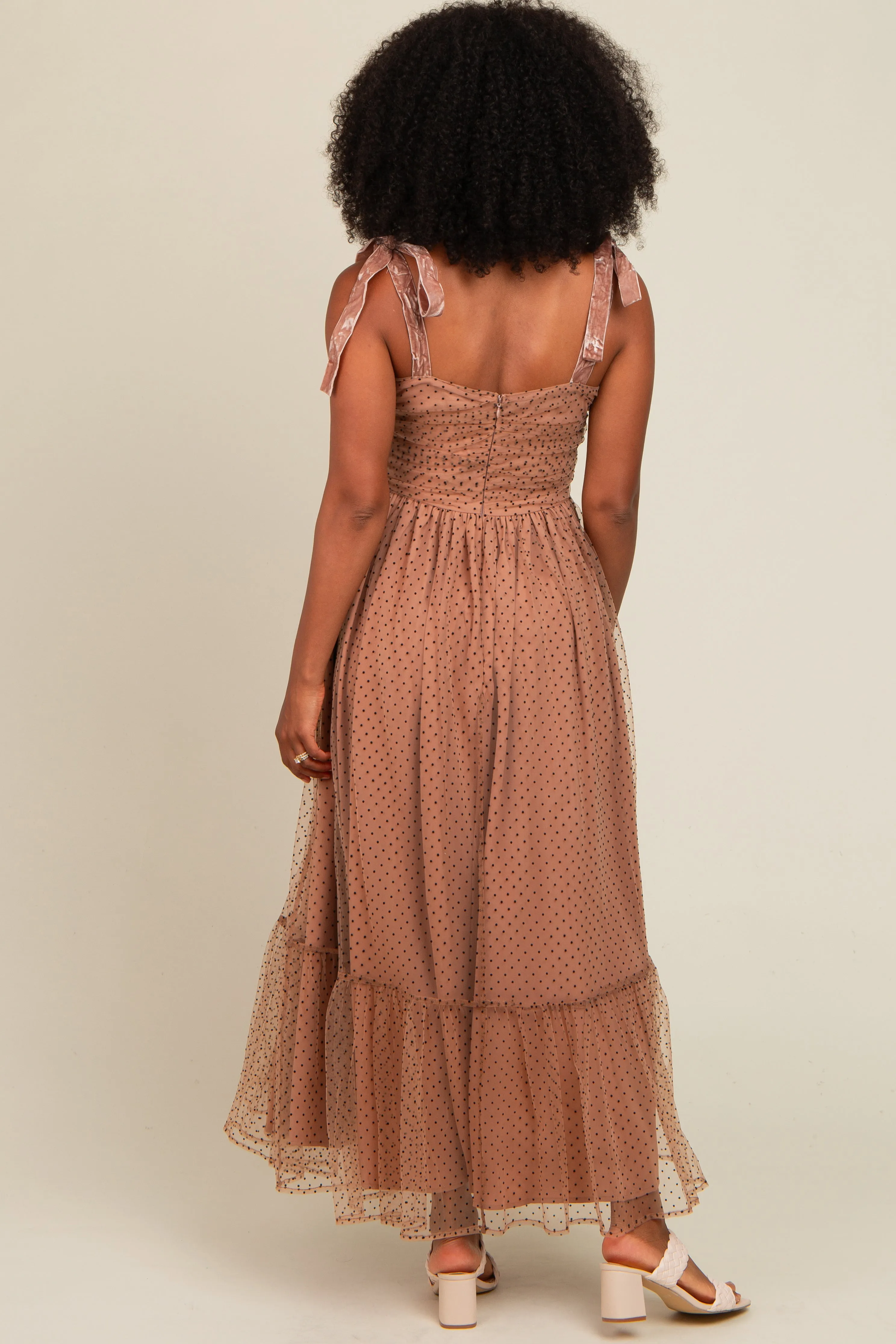 Camel Dotted Mesh Overlay Shoulder Tie Midi Dress sold by Pinkblush product image thumbnail 4
