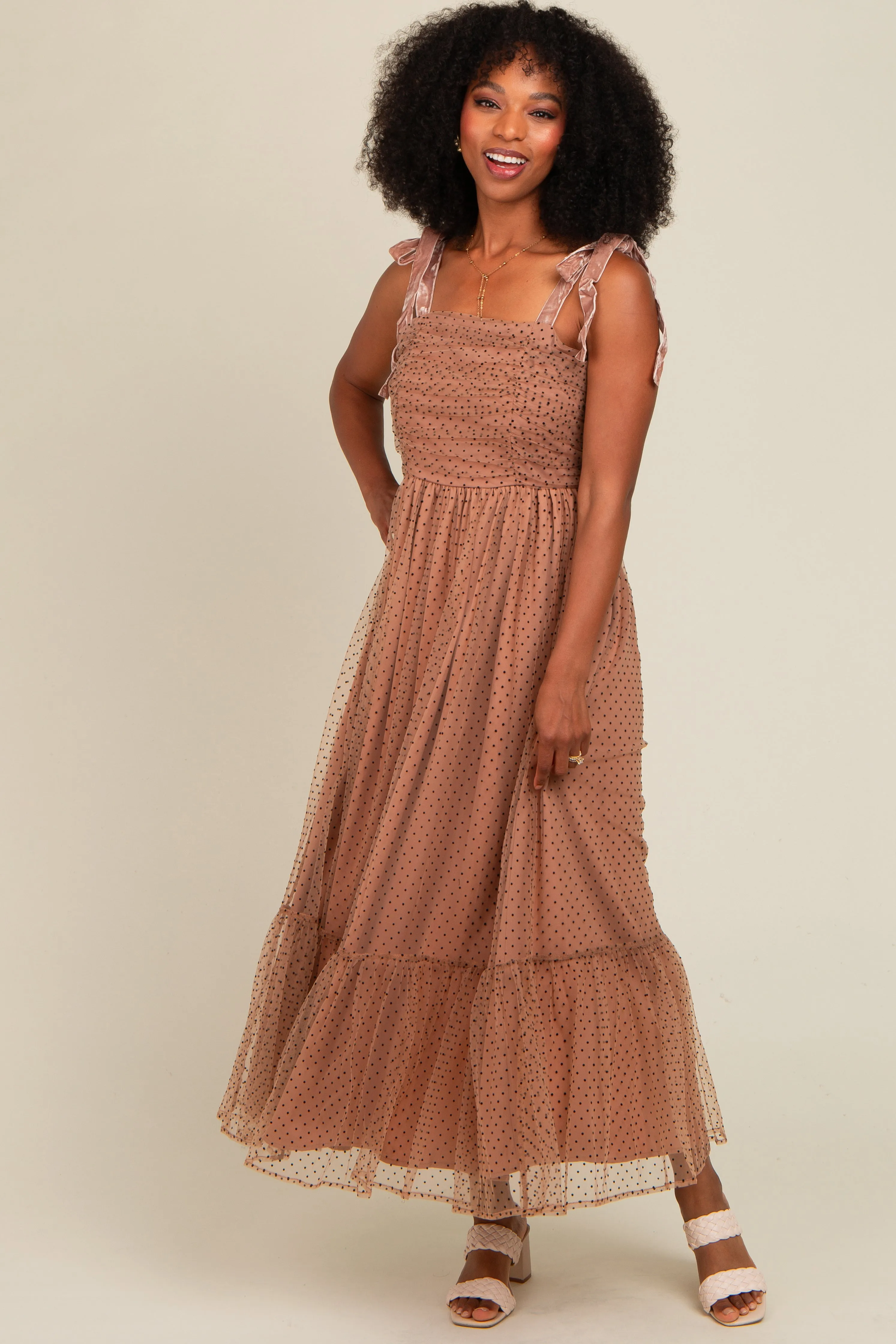 Camel Dotted Mesh Overlay Shoulder Tie Midi Dress sold by Pinkblush