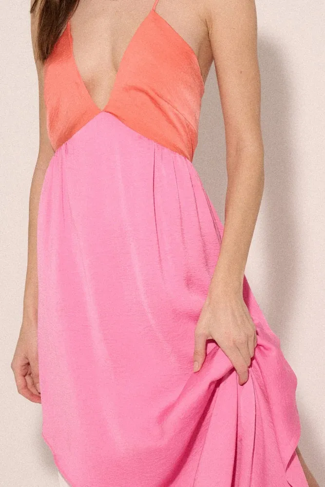 Coral-Pink-Cream Color Block Plunge Neck Wrap Tulip Hem Maxi Dress sold by Pinkblush product image thumbnail 4