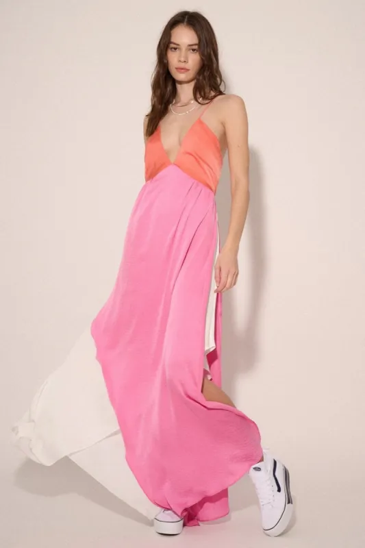 Coral-Pink-Cream Color Block Plunge Neck Wrap Tulip Hem Maxi Dress sold by Pinkblush
