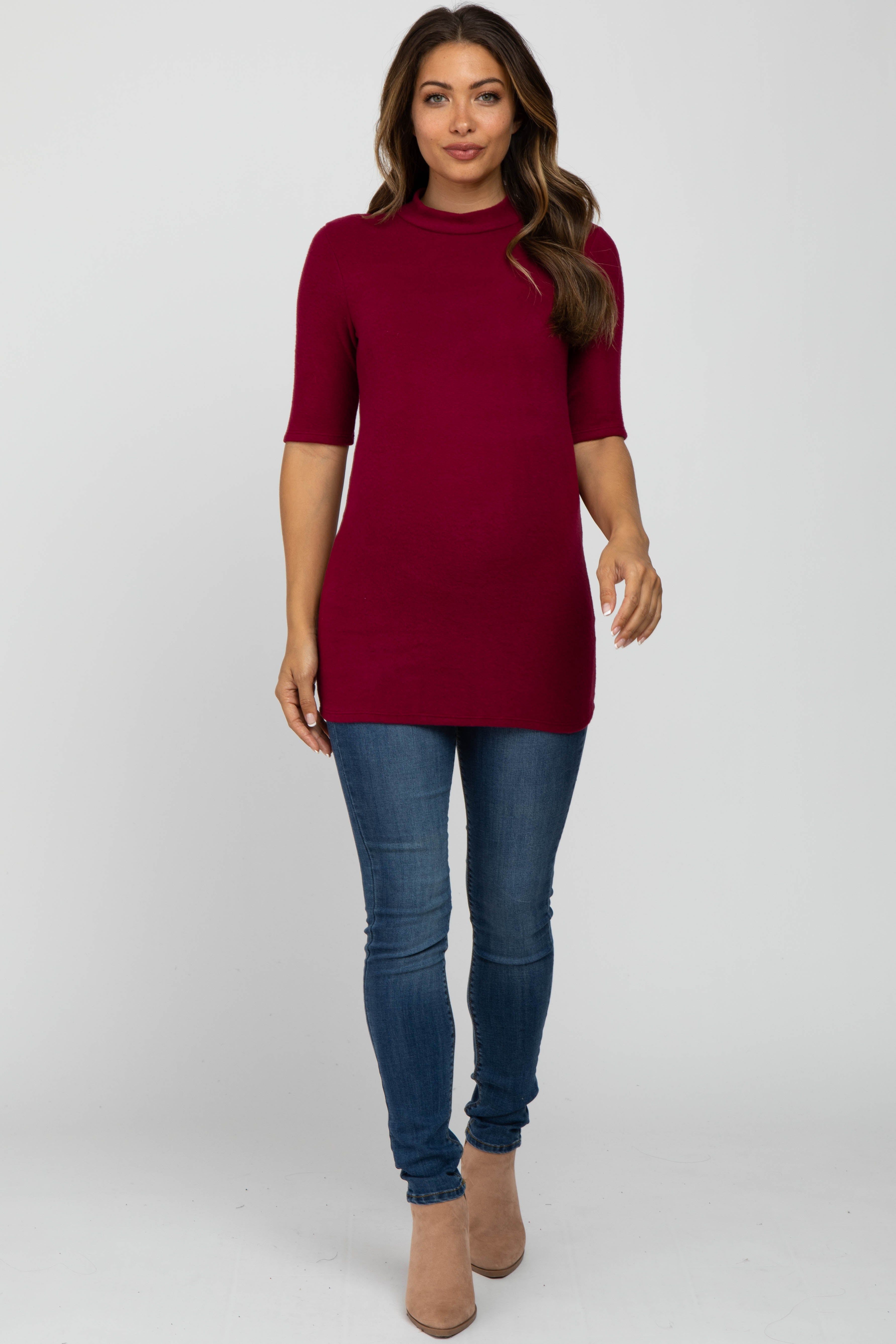 Burgundy Soft Brushed Knit Mock Neck Maternity Top sold by Pinkblush product image thumbnail 2