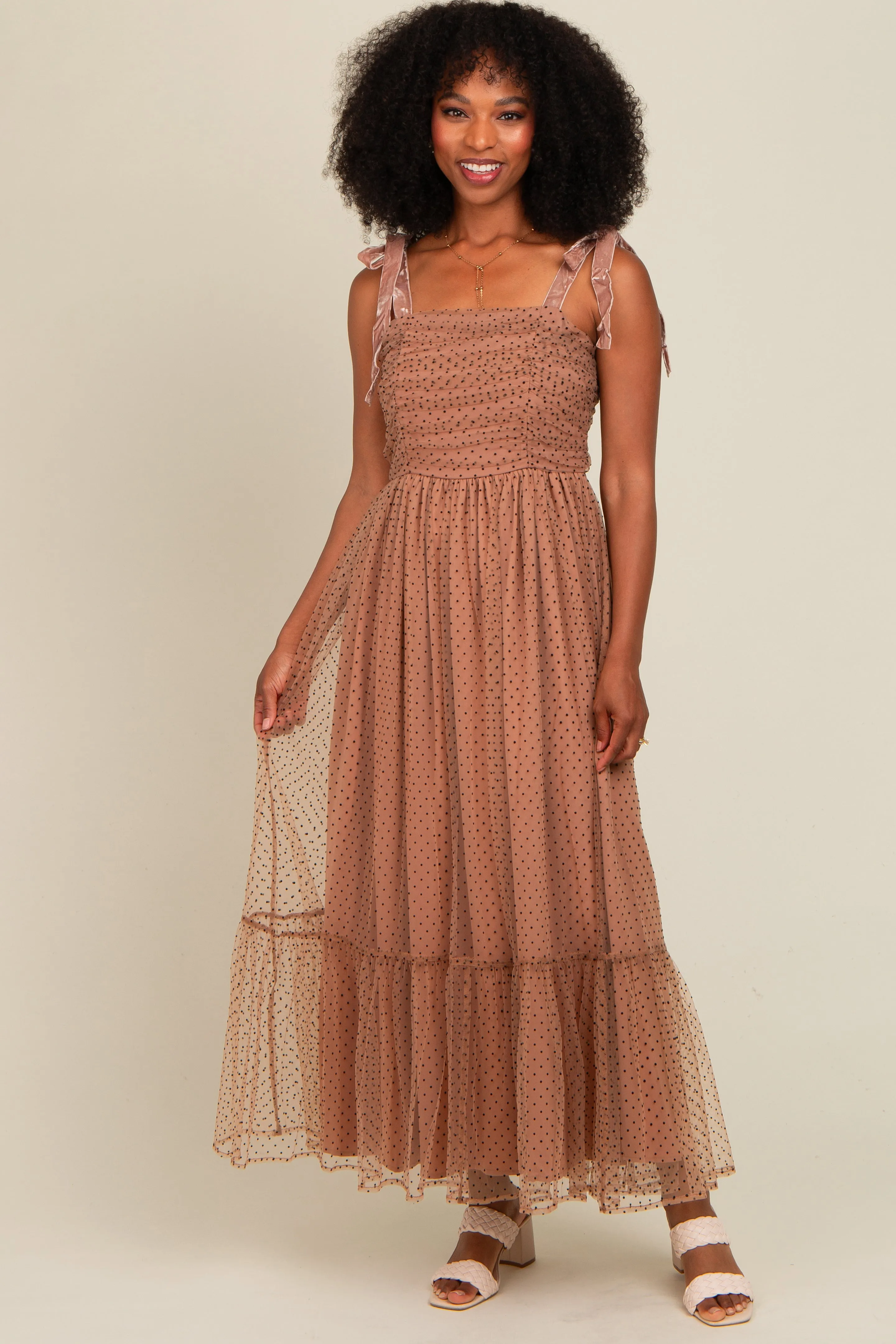 Camel Dotted Mesh Overlay Shoulder Tie Midi Dress sold by Pinkblush product image thumbnail 2