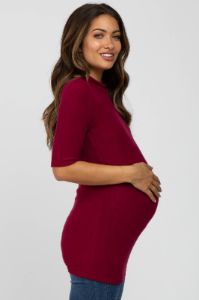 Burgundy Soft Brushed Knit Mock Neck Maternity Top sold by Pinkblush