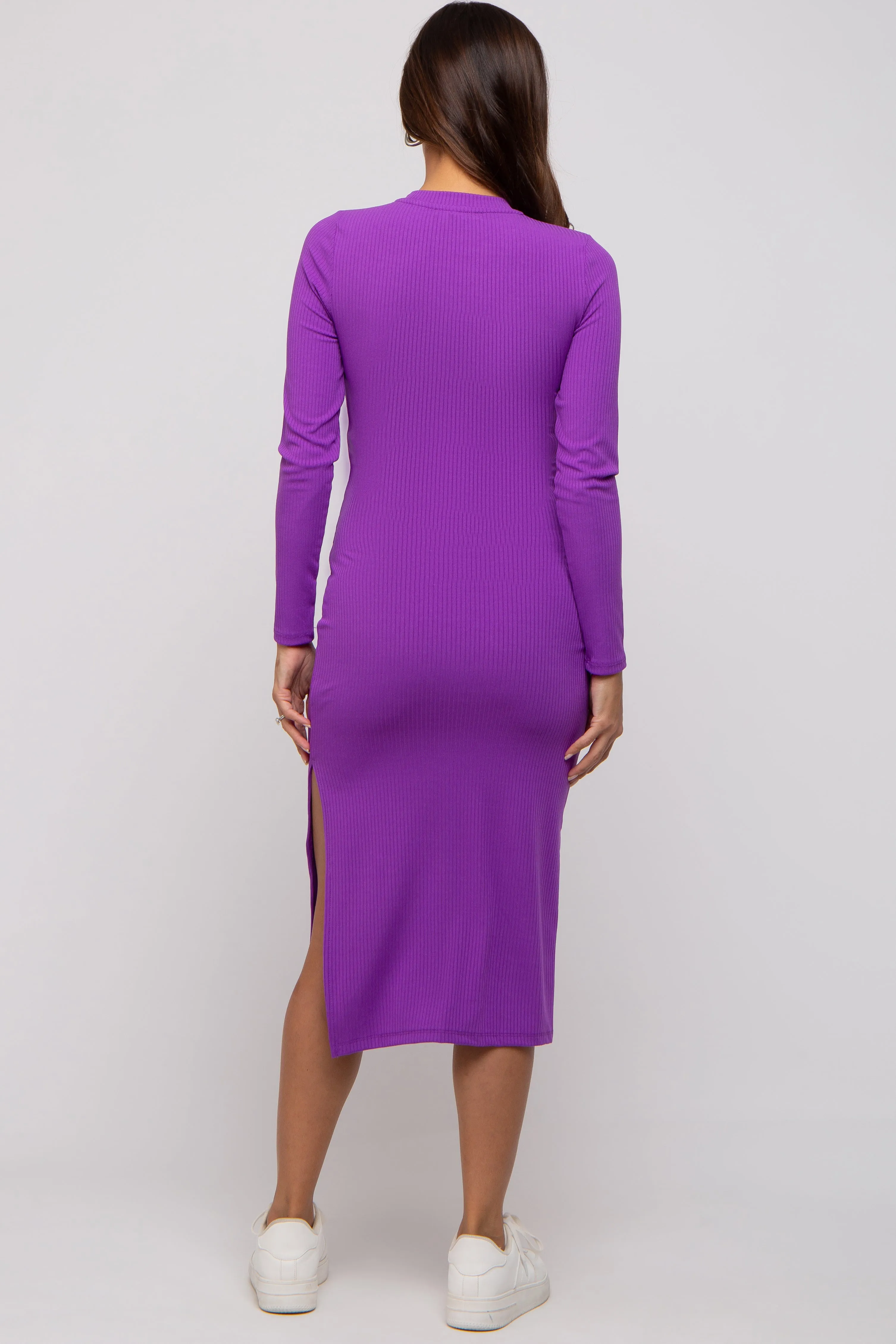 Purple Ribbed Mock Neck Long Sleeve Maternity Midi Dress sold by Pinkblush product image thumbnail 3