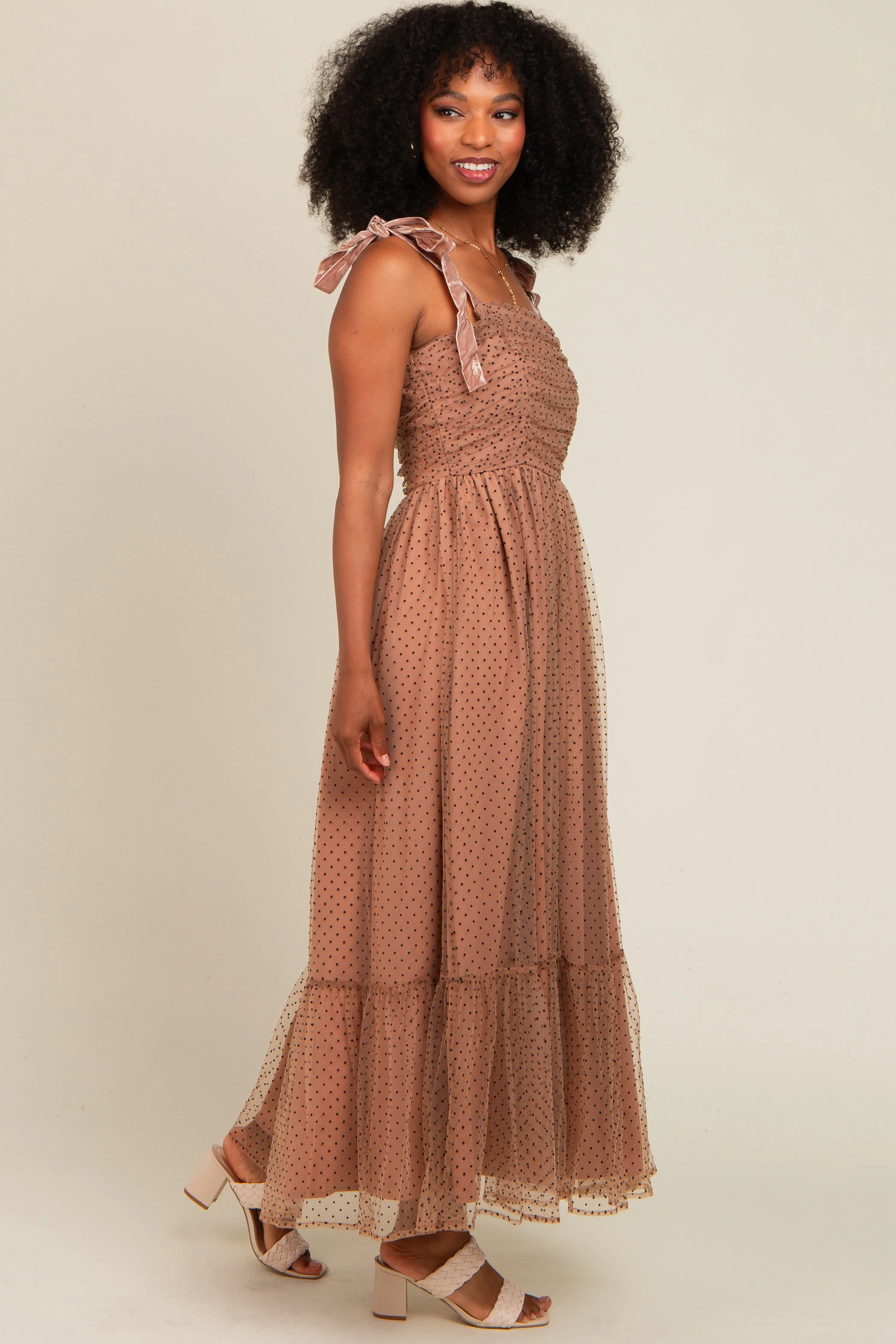 Camel Dotted Mesh Overlay Shoulder Tie Midi Dress sold by Pinkblush product image thumbnail 3