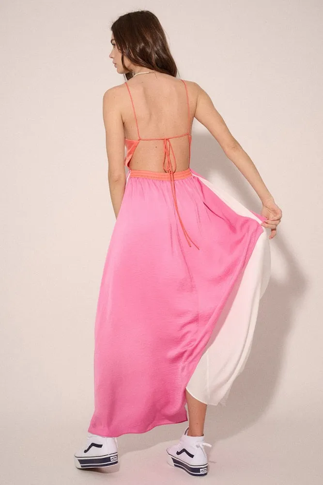 Coral-Pink-Cream Color Block Plunge Neck Wrap Tulip Hem Maxi Dress sold by Pinkblush product image thumbnail 3