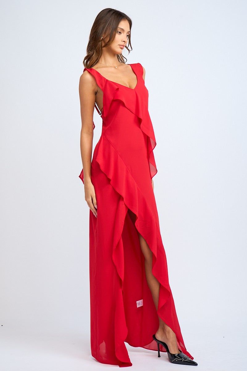 Red Ruffle Slit Maxi Dress sold by Pinkblush product image thumbnail 2