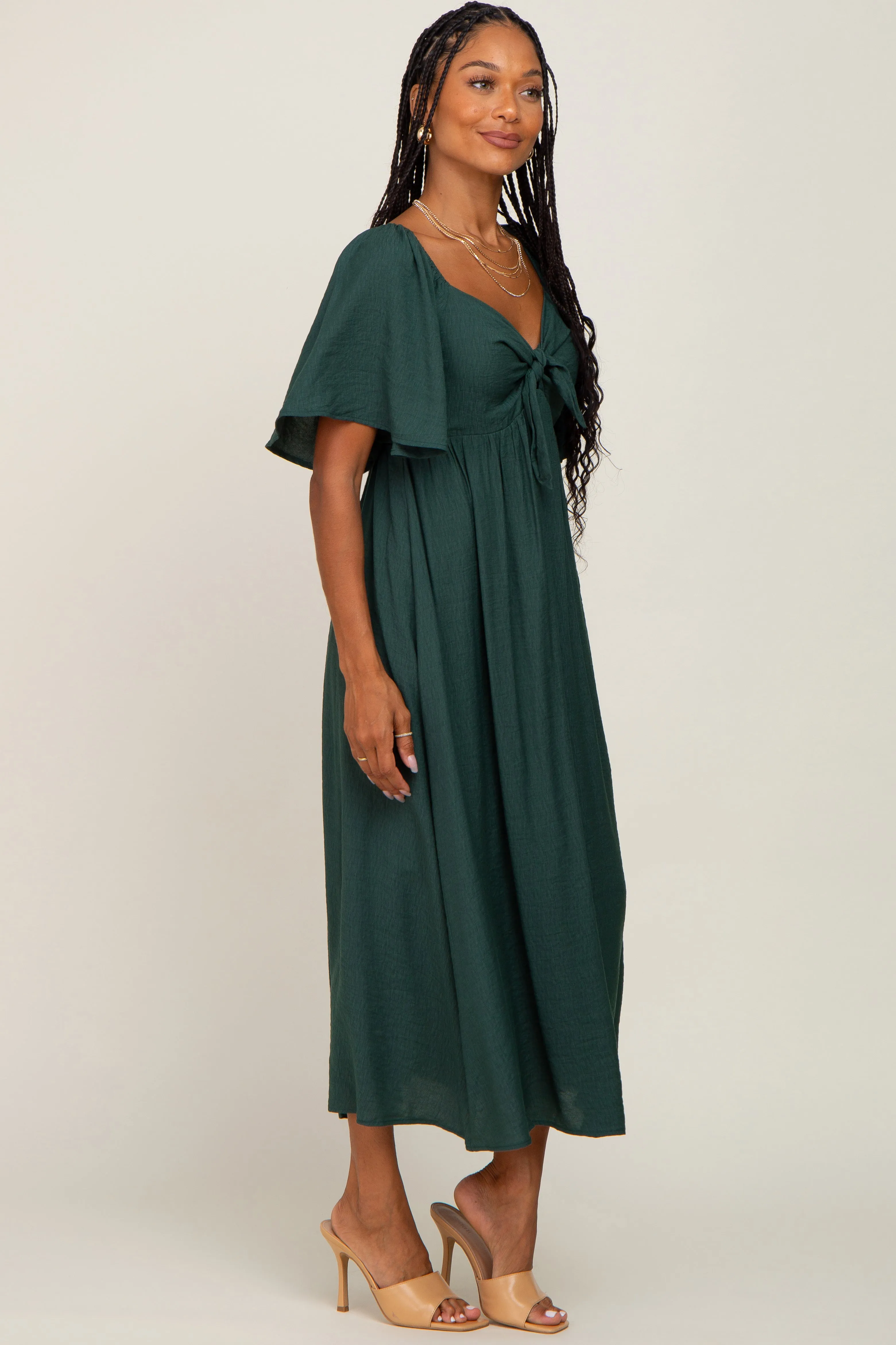 Hunter Green Front Tie Ruffle Sleeve Midi Dress sold by Pinkblush product image thumbnail 2