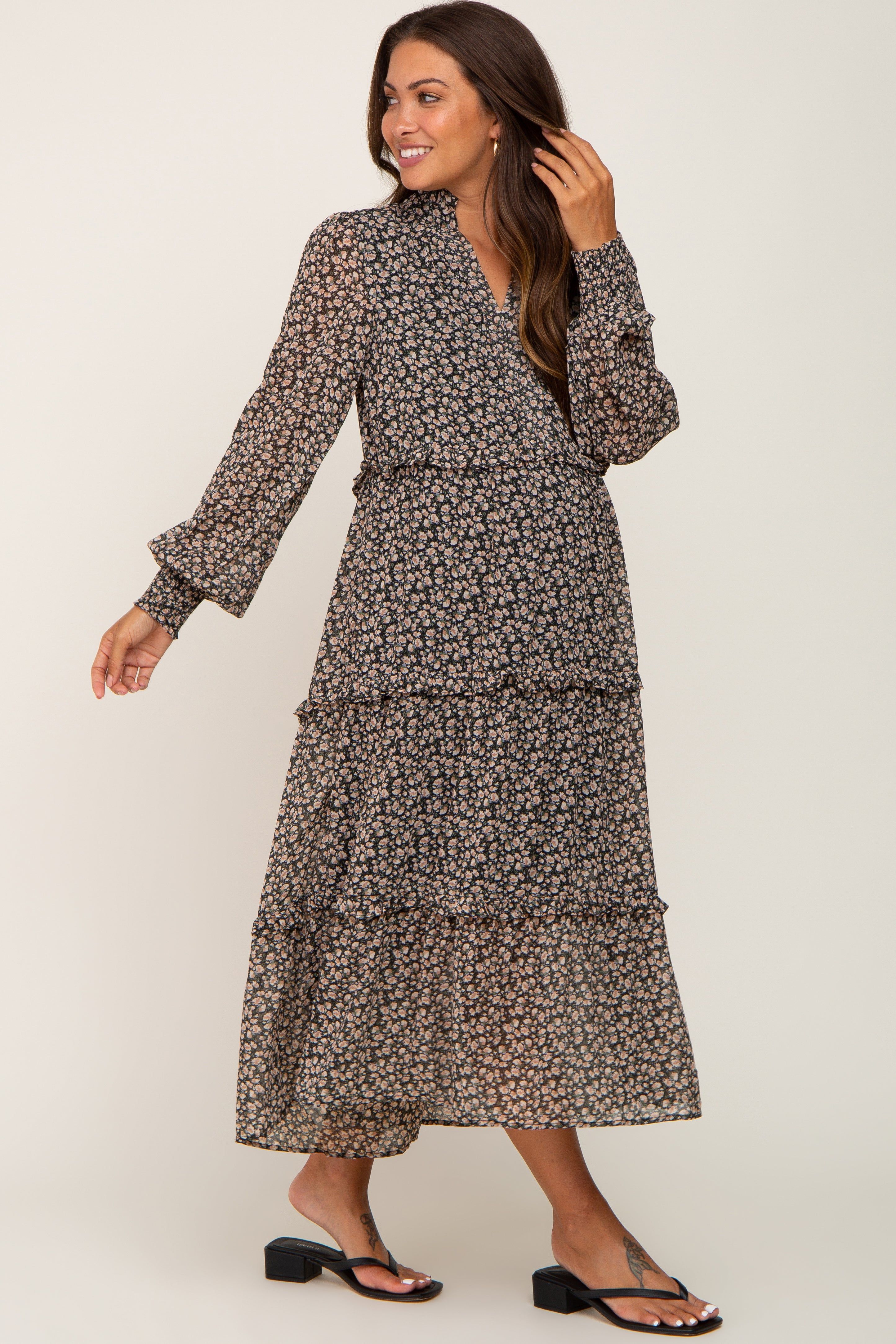 Black Floral Ruffle Tiered Maternity Midi Dress sold by Pinkblush product image thumbnail 2