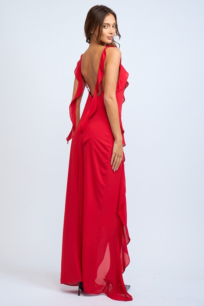 Red Ruffle Slit Maxi Dress sold by Pinkblush product image thumbnail 3