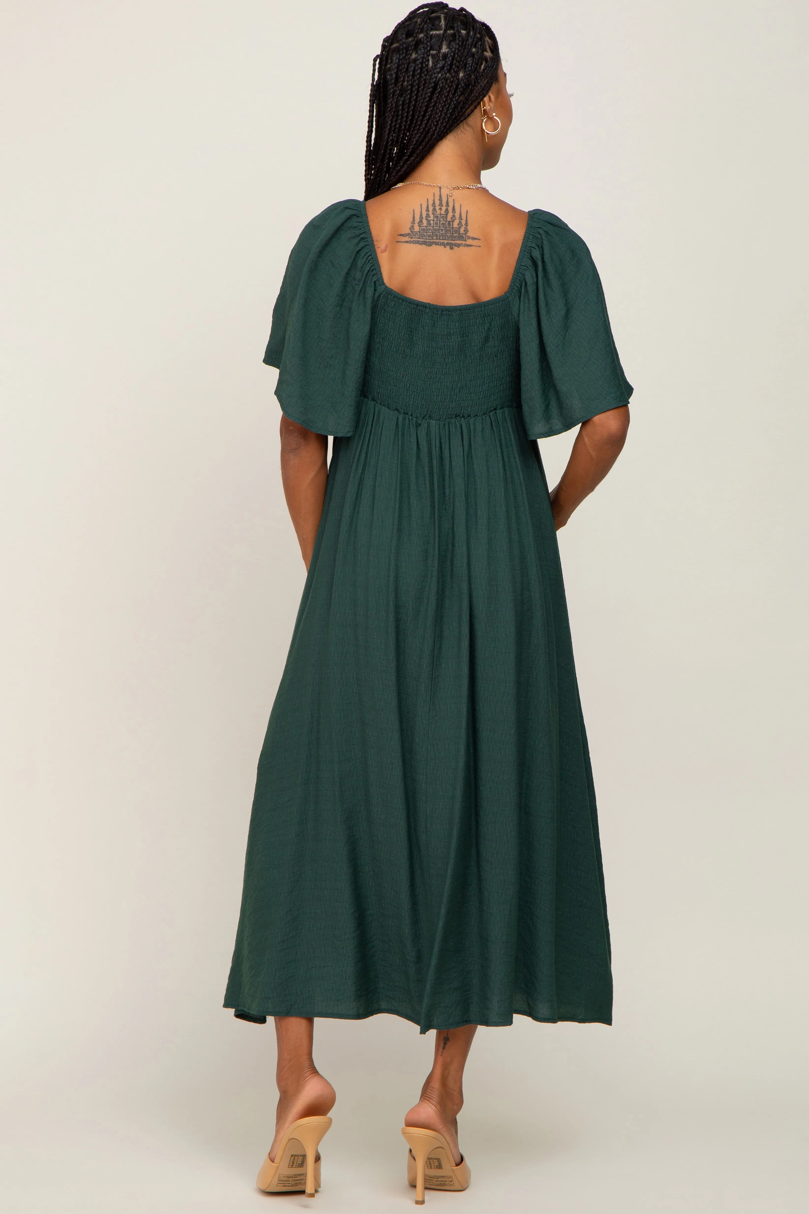 Hunter Green Front Tie Ruffle Sleeve Midi Dress sold by Pinkblush product image thumbnail 3