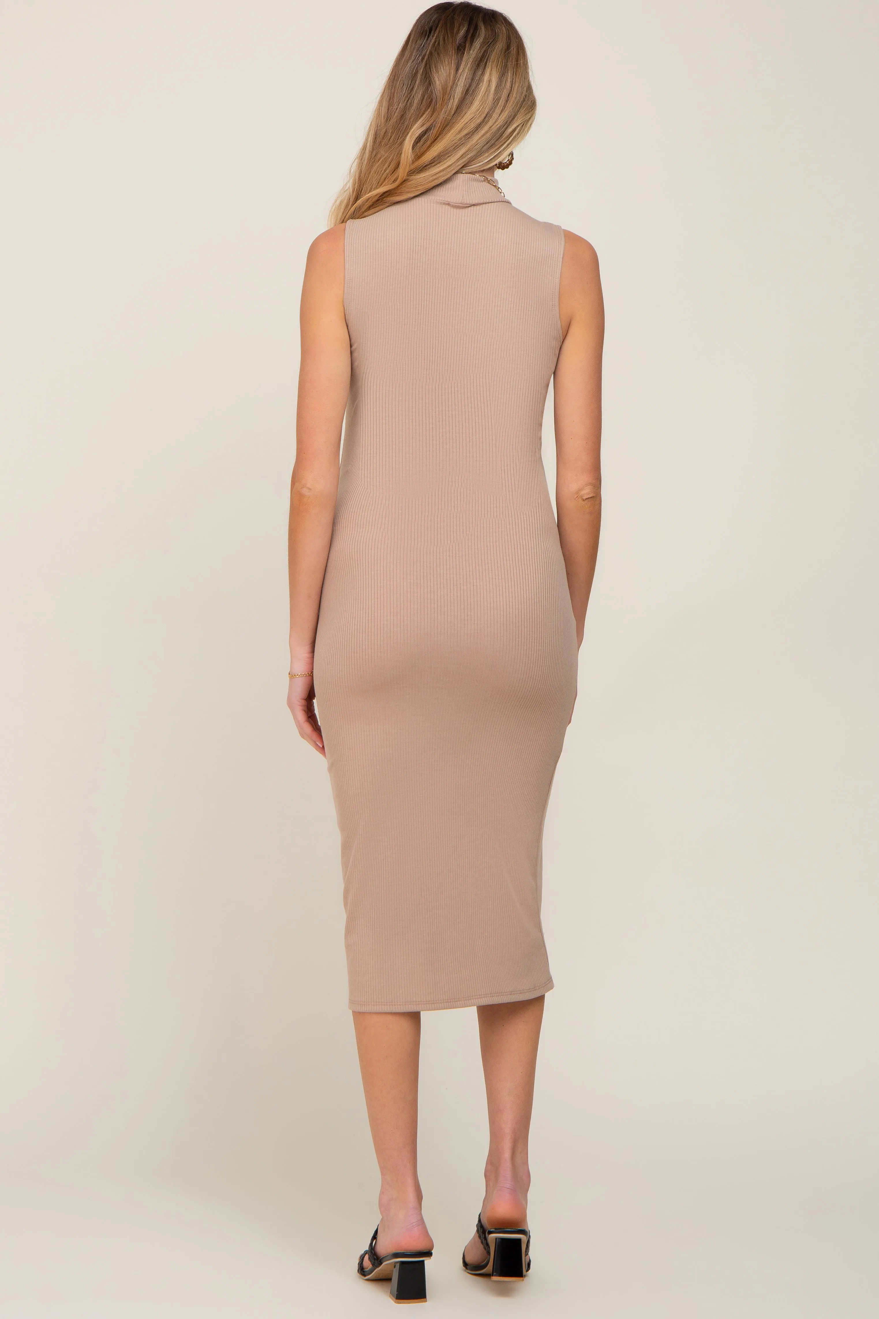 Taupe Ribbed Sleeveless Mock Neck Maternity Midi Dress sold by Pinkblush product image thumbnail 4