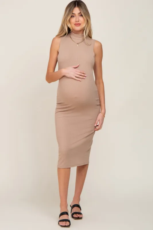 Taupe Ribbed Sleeveless Mock Neck Maternity Midi Dress sold by Pinkblush