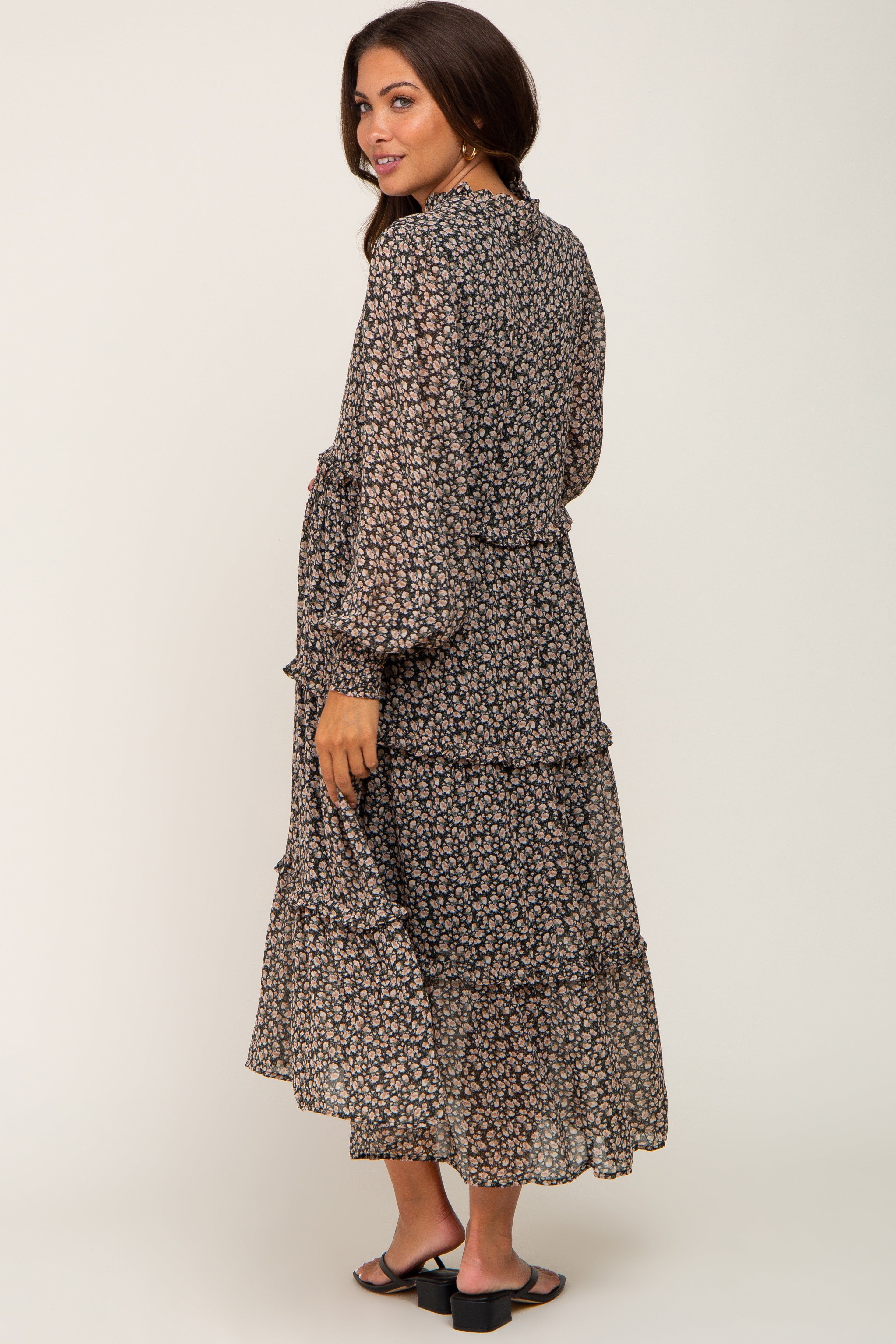 Black Floral Ruffle Tiered Maternity Midi Dress sold by Pinkblush product image thumbnail 3