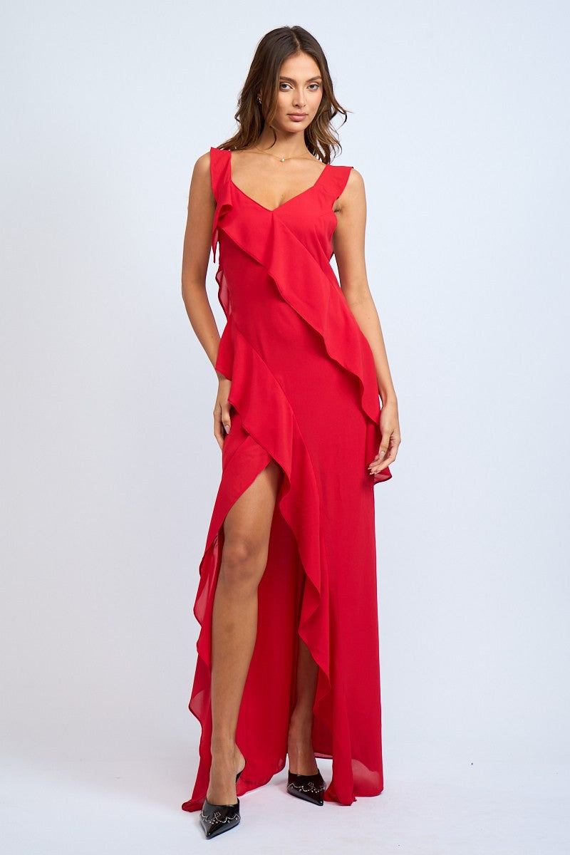 Red Ruffle Slit Maxi Dress sold by Pinkblush