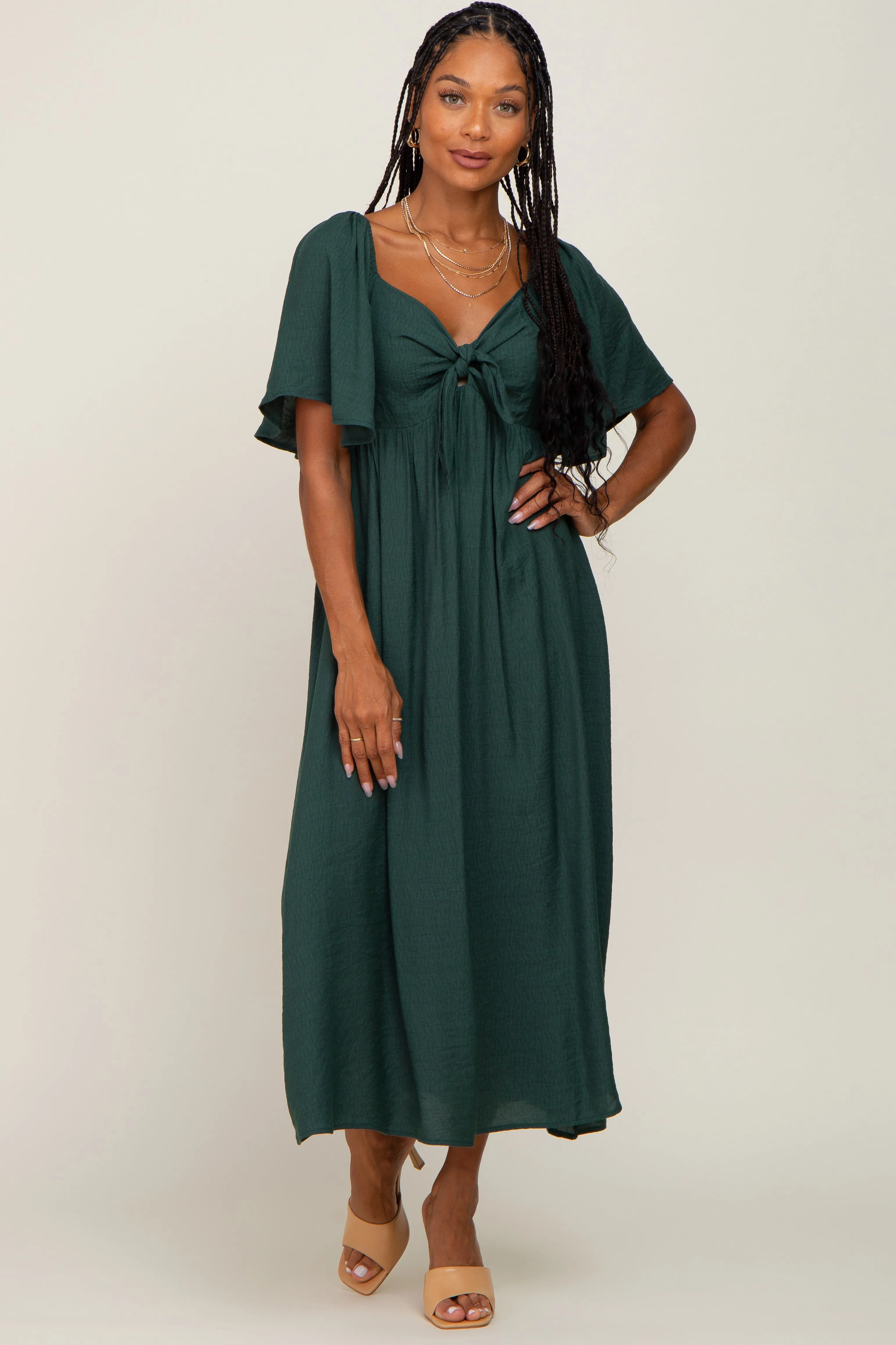 Hunter Green Front Tie Ruffle Sleeve Midi Dress sold by Pinkblush product image thumbnail 4