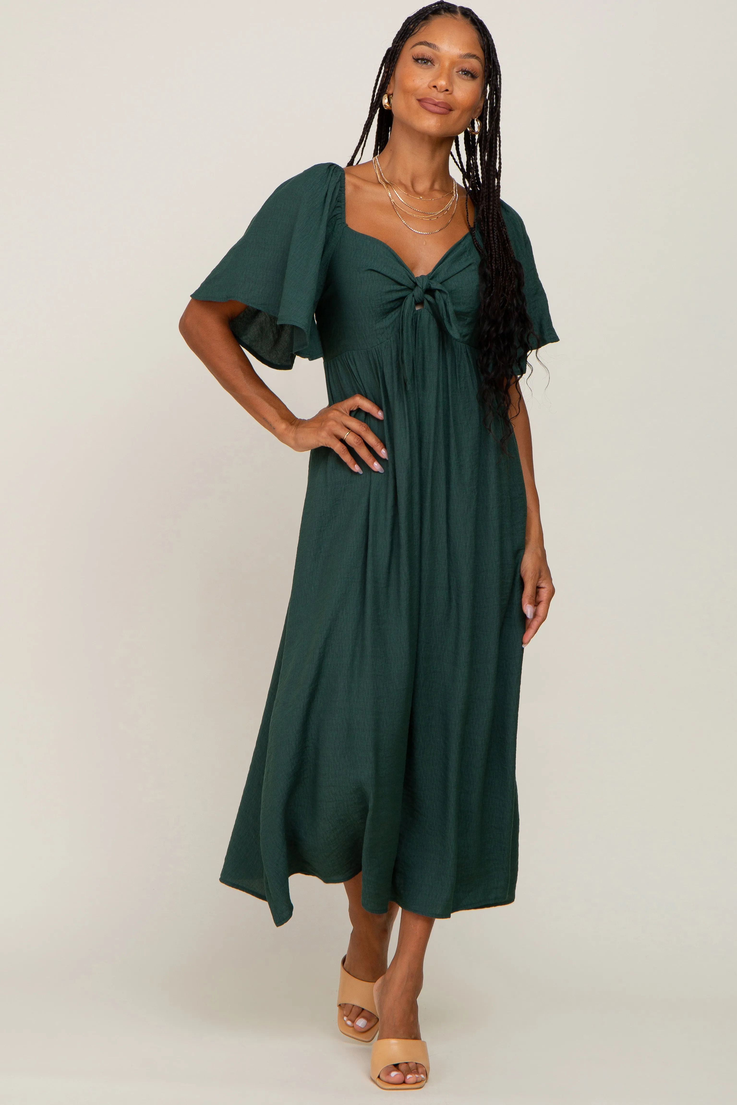 Hunter Green Front Tie Ruffle Sleeve Midi Dress sold by Pinkblush
