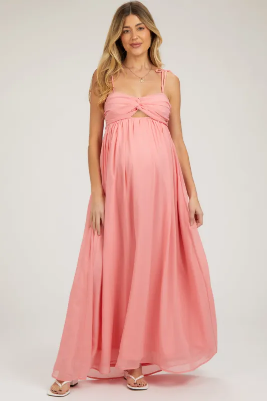 Peach Chiffon Sleeveless Cutout Front Maternity Maxi Dress sold by Pinkblush