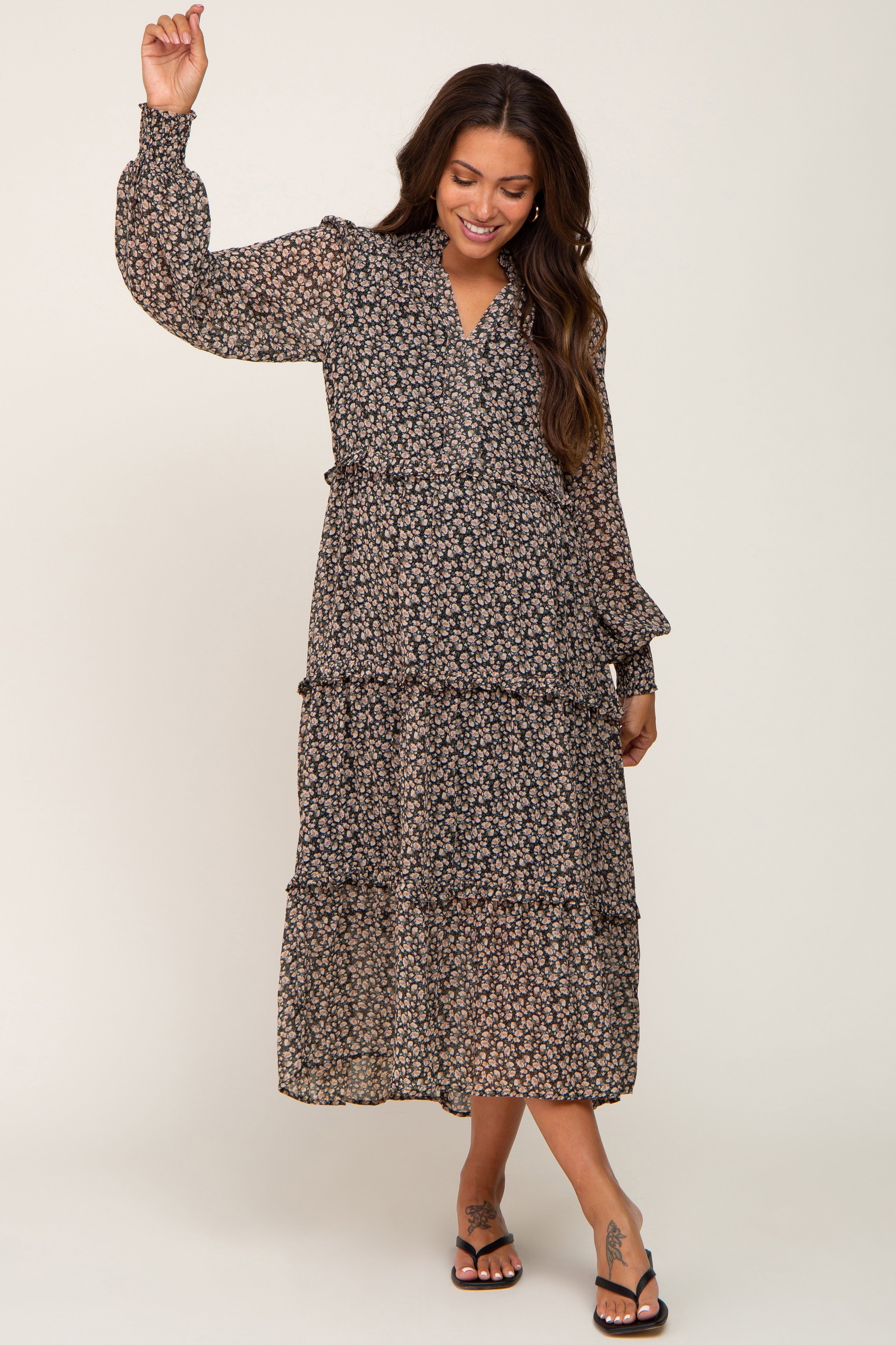 Black Floral Ruffle Tiered Maternity Midi Dress sold by Pinkblush
