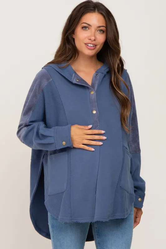 Blue Soft Mixed Knit Button Front Hooded Maternity Top sold by Pinkblush
