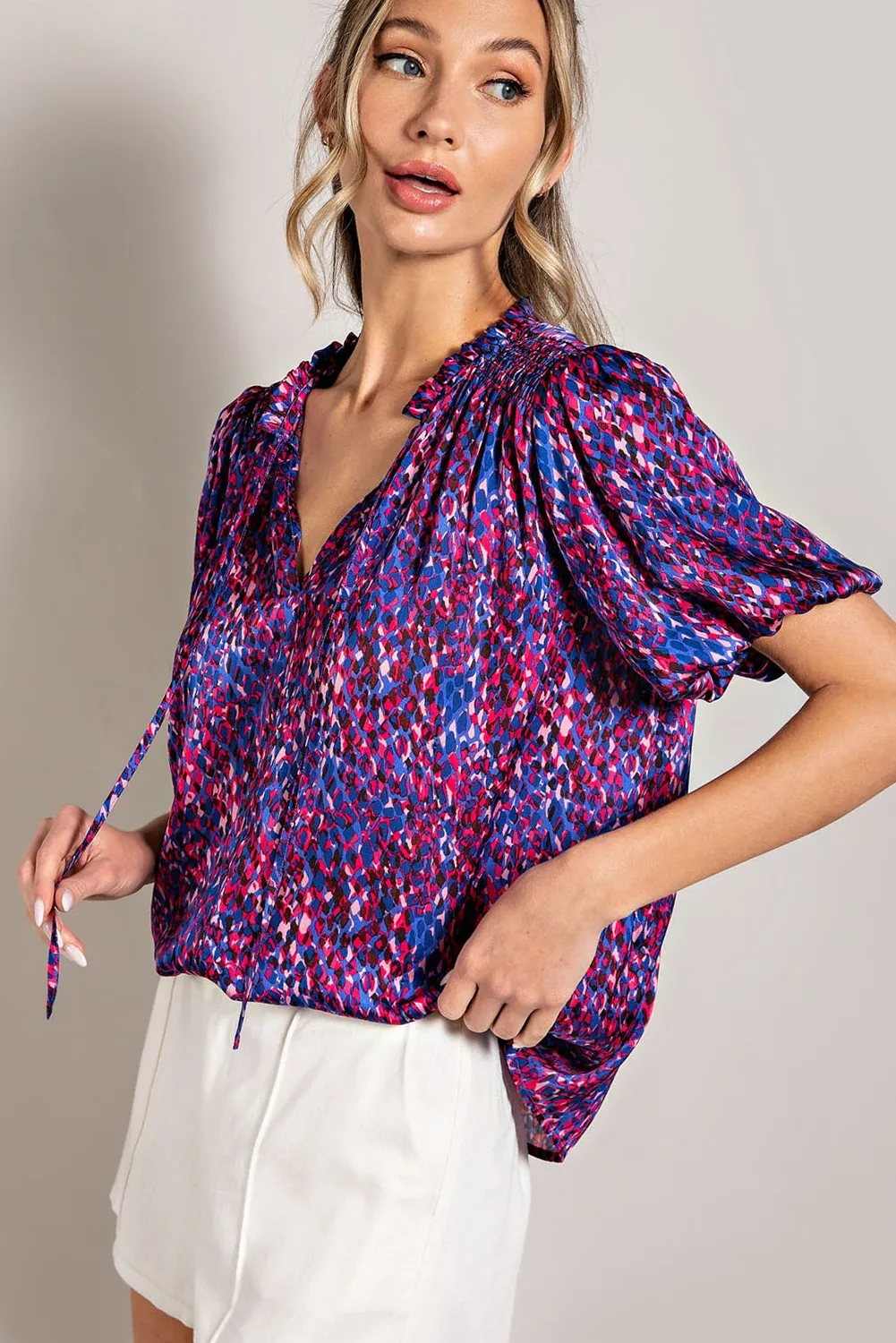 Royal Blue Printed Front Tie Puff Sleeve Blouse sold by Pinkblush product image thumbnail 2