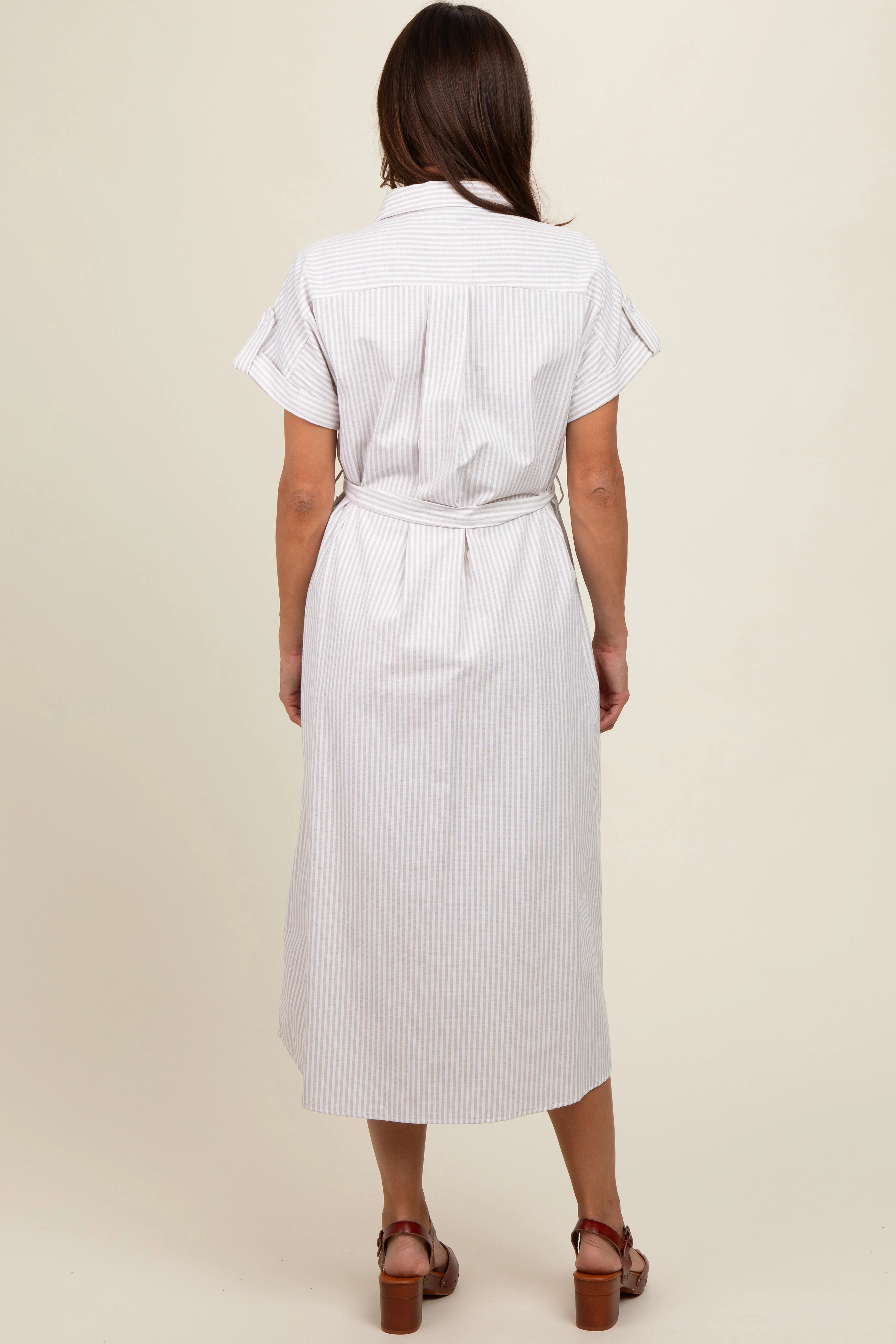 Taupe Pin Stripe Sash Tie Maternity Midi Dress sold by Pinkblush product image thumbnail 3