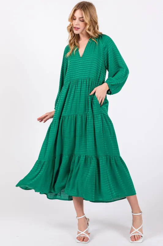Green Textured Tiered Midi Dress sold by Pinkblush