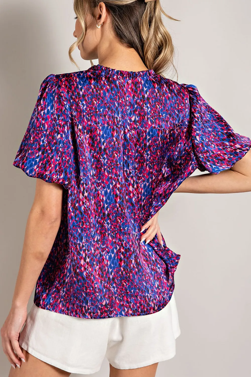 Royal Blue Printed Front Tie Puff Sleeve Blouse sold by Pinkblush product image thumbnail 3