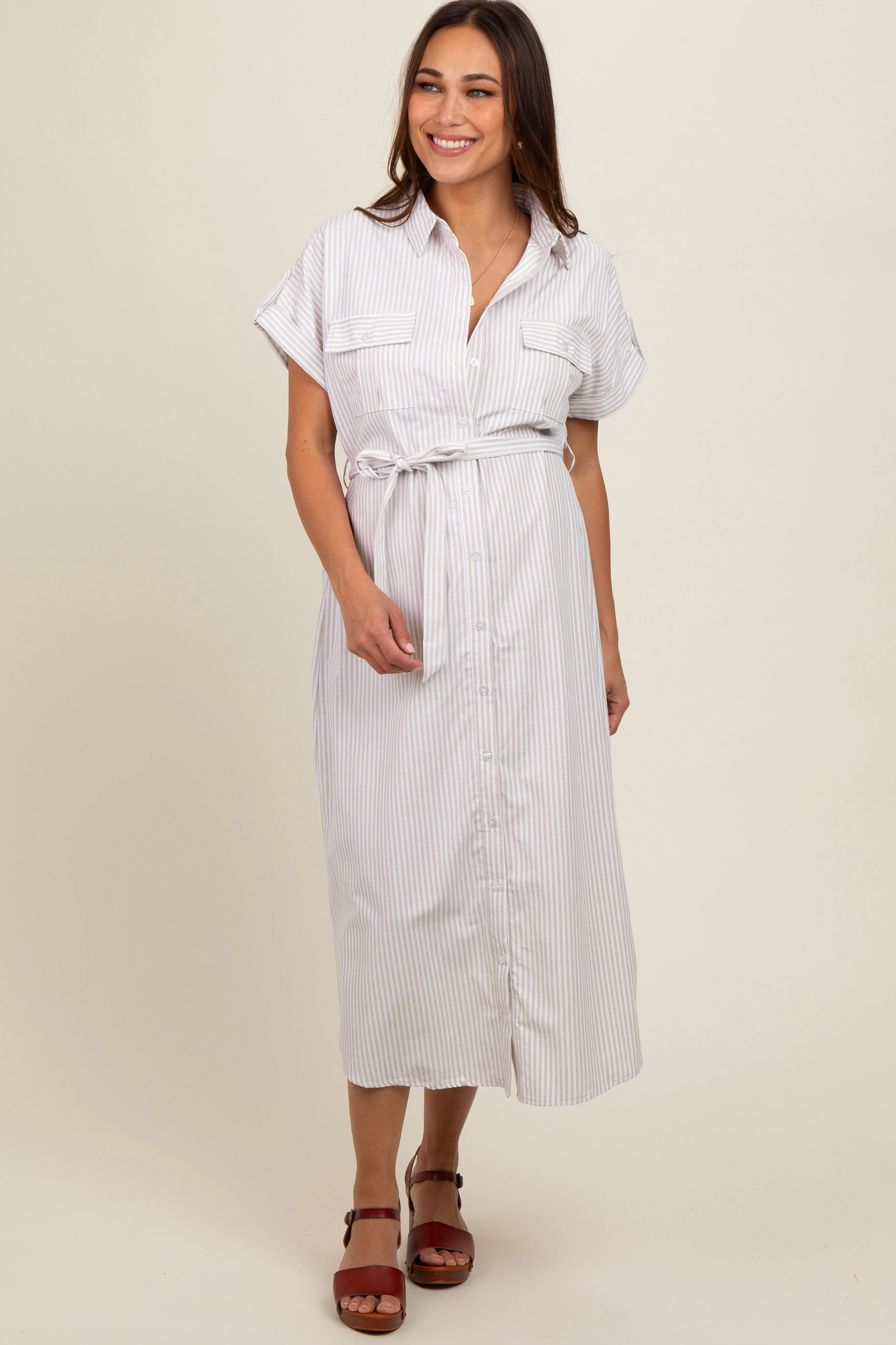 Taupe Pin Stripe Sash Tie Maternity Midi Dress sold by Pinkblush